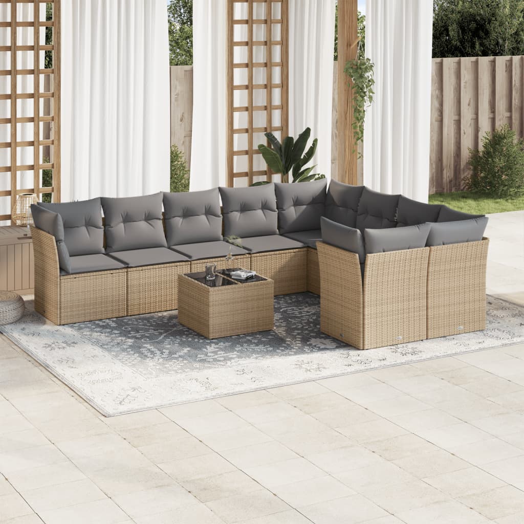 10 Pcs conjunto de sofás p/ jardim com almofadões vime PE bege