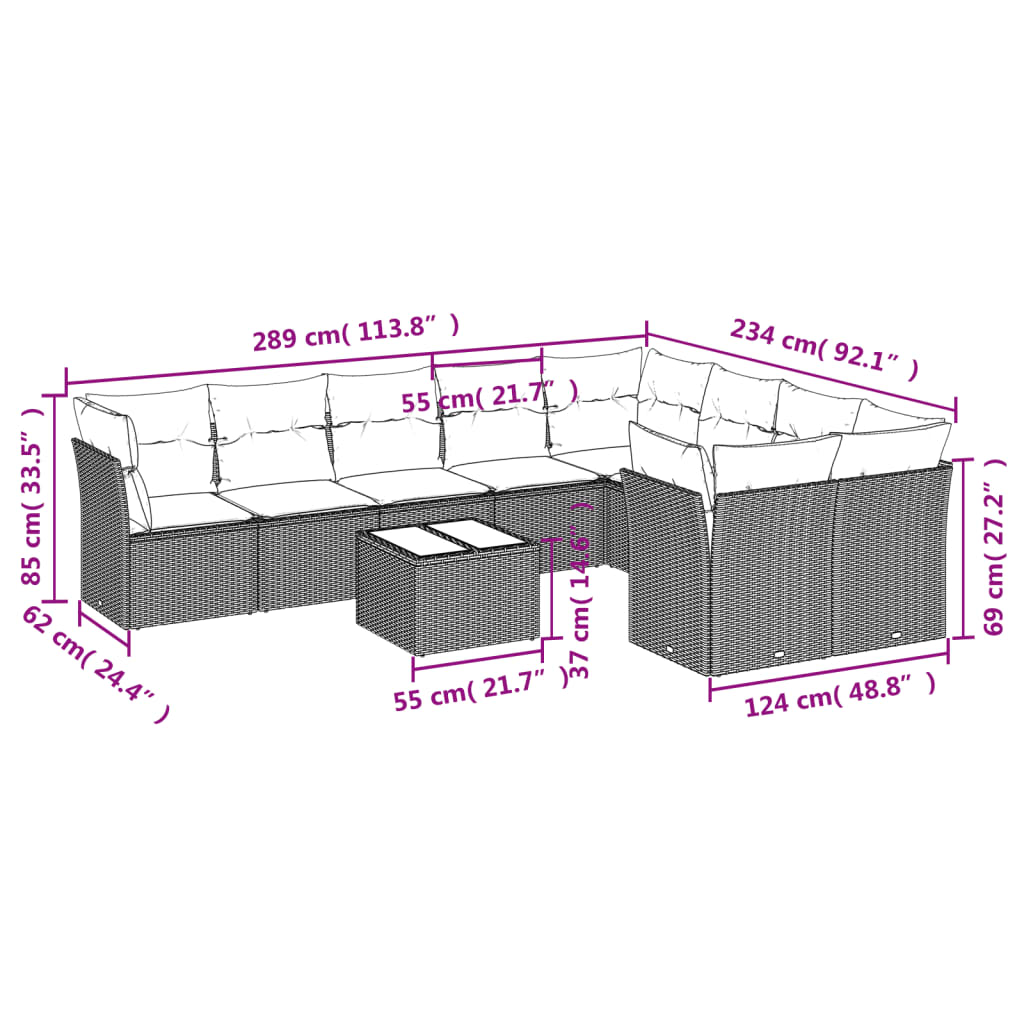 10 Pcs conjunto de sofás p/ jardim com almofadões vime PE bege