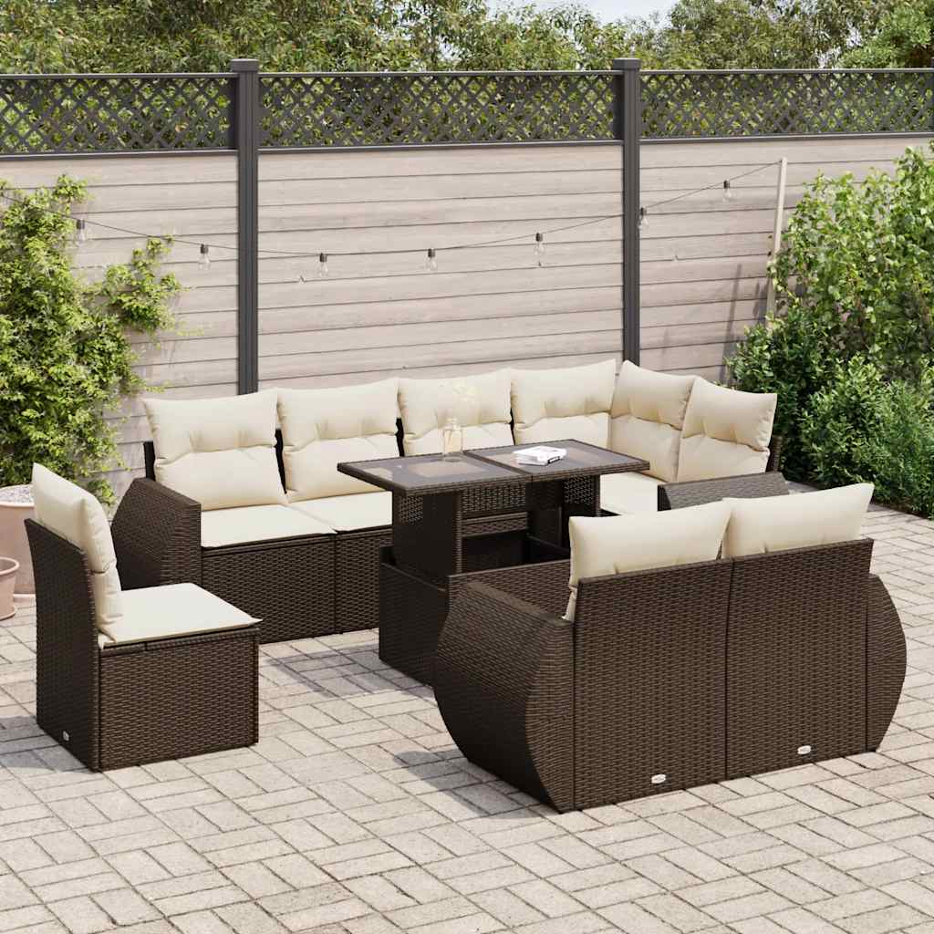 9 Pcs conjunto sofás p/ jardim c/ almofadões vime PE castanho