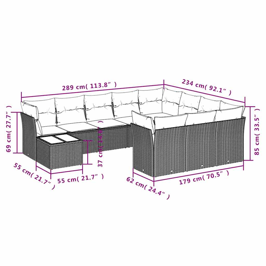 11 Pcs conjunto sofás de jardim c/ almofadões vime PE preto