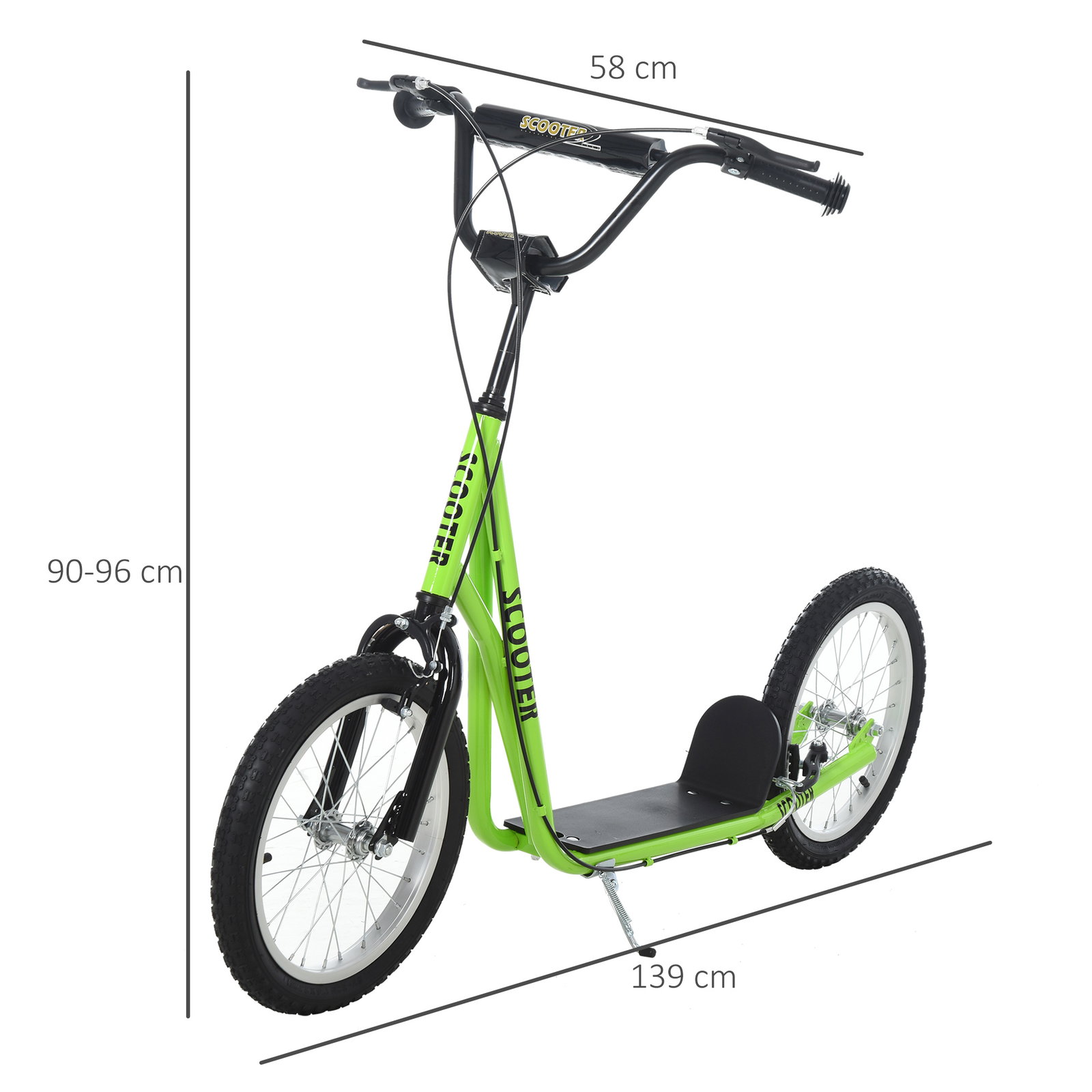 Trotinete com guiador ajustável 2 pneus de borracha insufláveis com travagem dupla e rodas 16" 139x58x90-96 cm verde