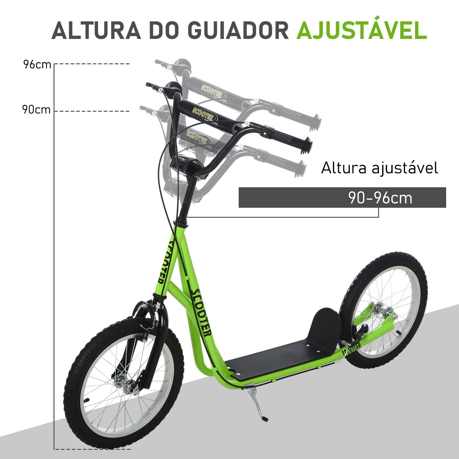 Trotinete com guiador ajustável 2 pneus de borracha insufláveis com travagem dupla e rodas 16" 139x58x90-96 cm verde