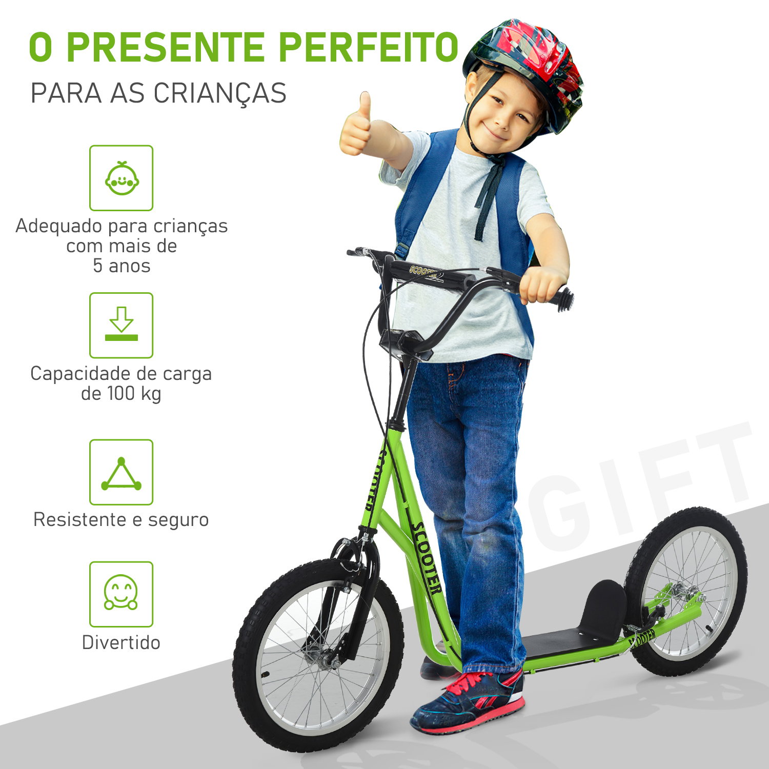 Trotinete com guiador ajustável 2 pneus de borracha insufláveis com travagem dupla e rodas 16" 139x58x90-96 cm verde