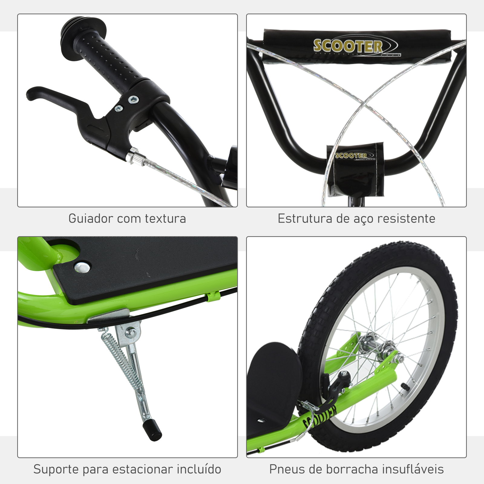 Trotinete com guiador ajustável 2 pneus de borracha insufláveis com travagem dupla e rodas 16" 139x58x90-96 cm verde