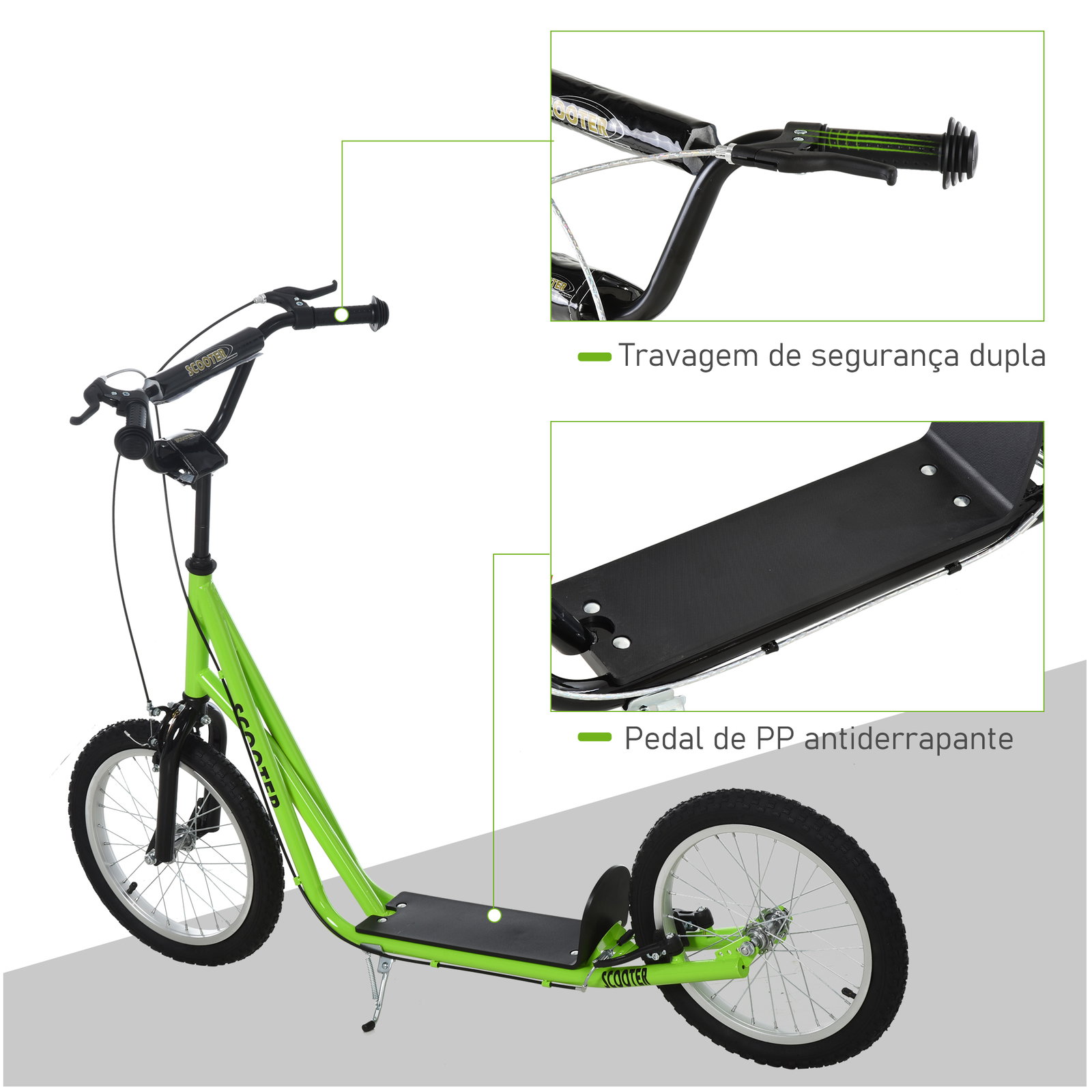 Trotinete com guiador ajustável 2 pneus de borracha insufláveis com travagem dupla e rodas 16" 139x58x90-96 cm verde