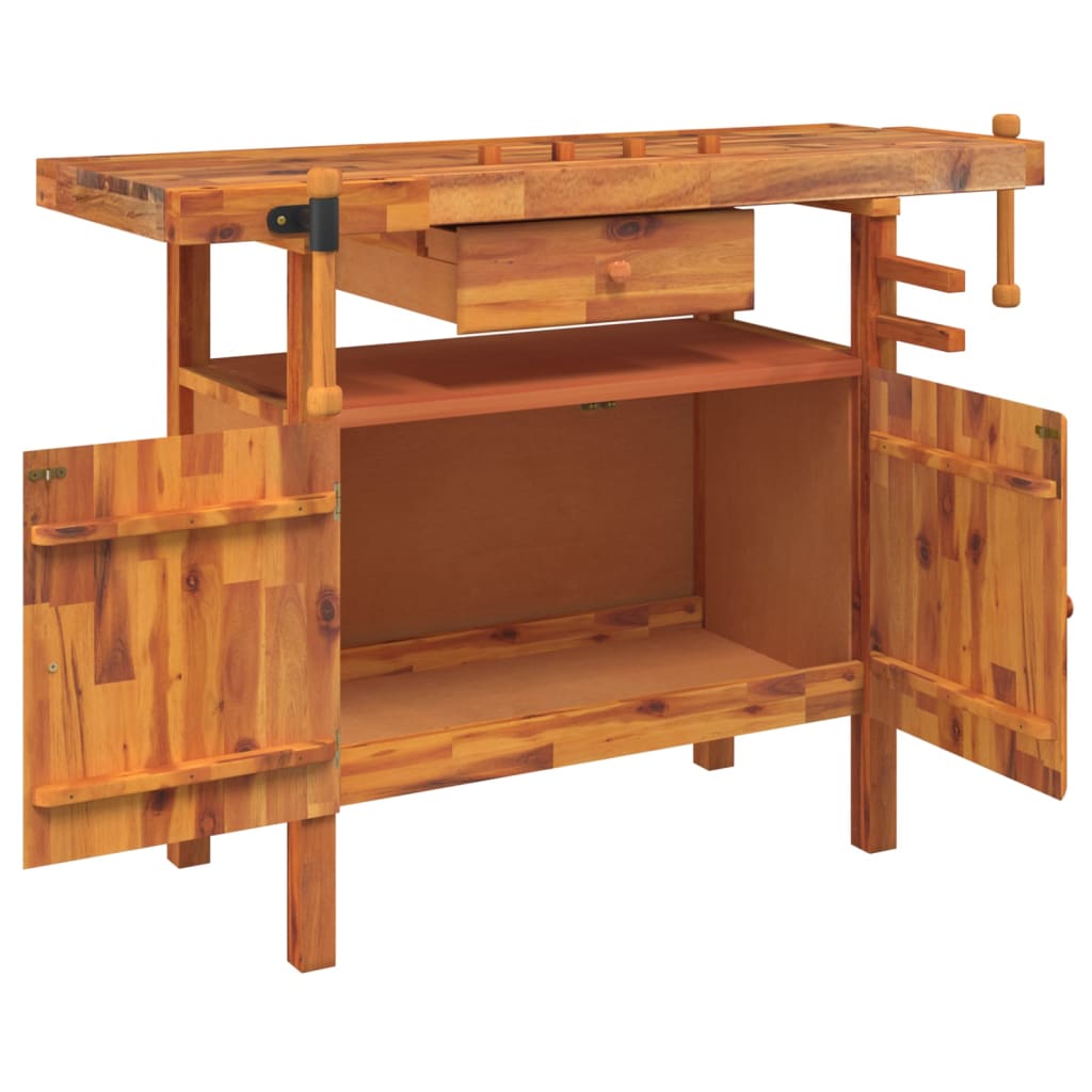 Bancada de trabalho com gaveta e torno 124x52x83 cm madeira maciça acácia