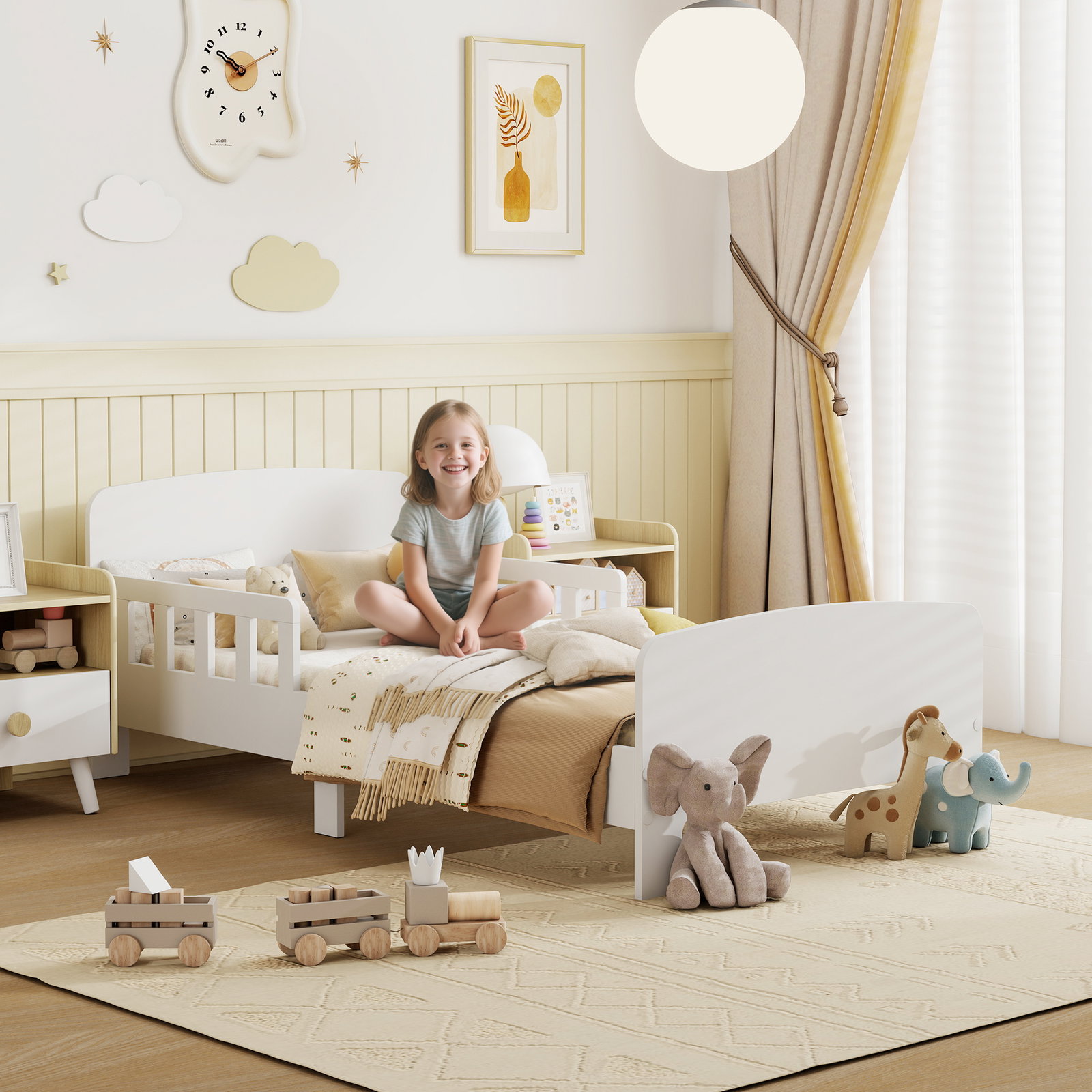 Cama para crianças 70x140 cm cama infantil com barreira anticaídas e estrado para meninos e meninas de 3-8 anos