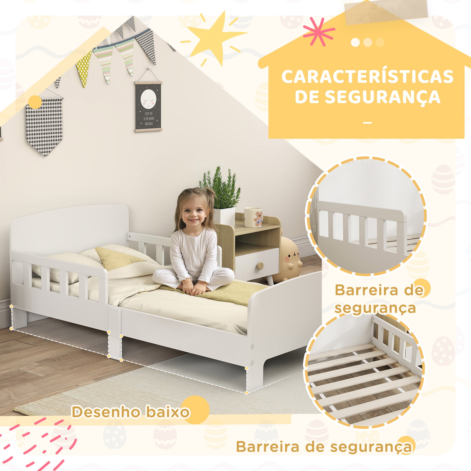 Cama para crianças 70x140 cm cama infantil com barreira anticaídas e estrado para meninos e meninas de 3-8 anos