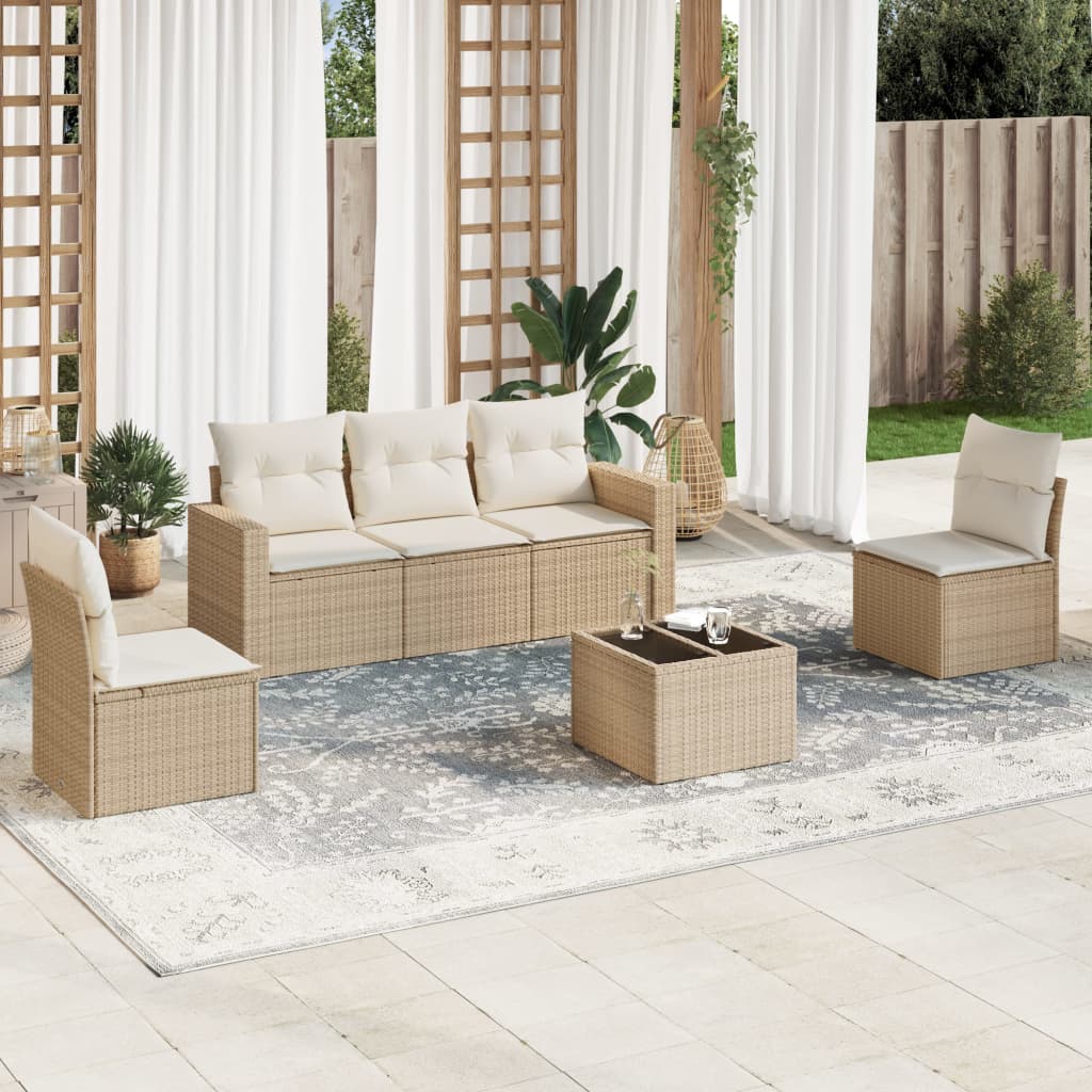 6 Pcs conjunto de sofás p/ jardim com almofadões vime PE bege
