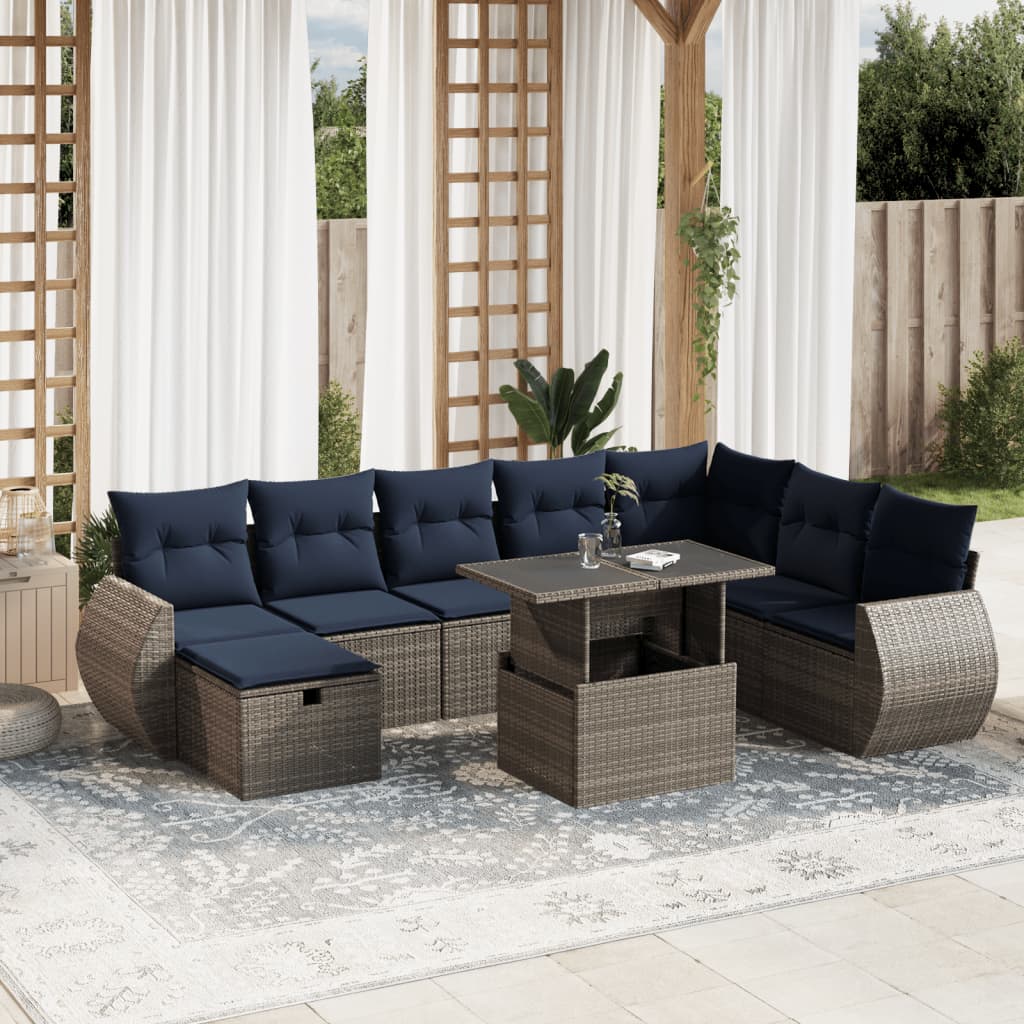Conjunto de sofá de jardim de 9 peças com almofadas em rattan sintético cinza