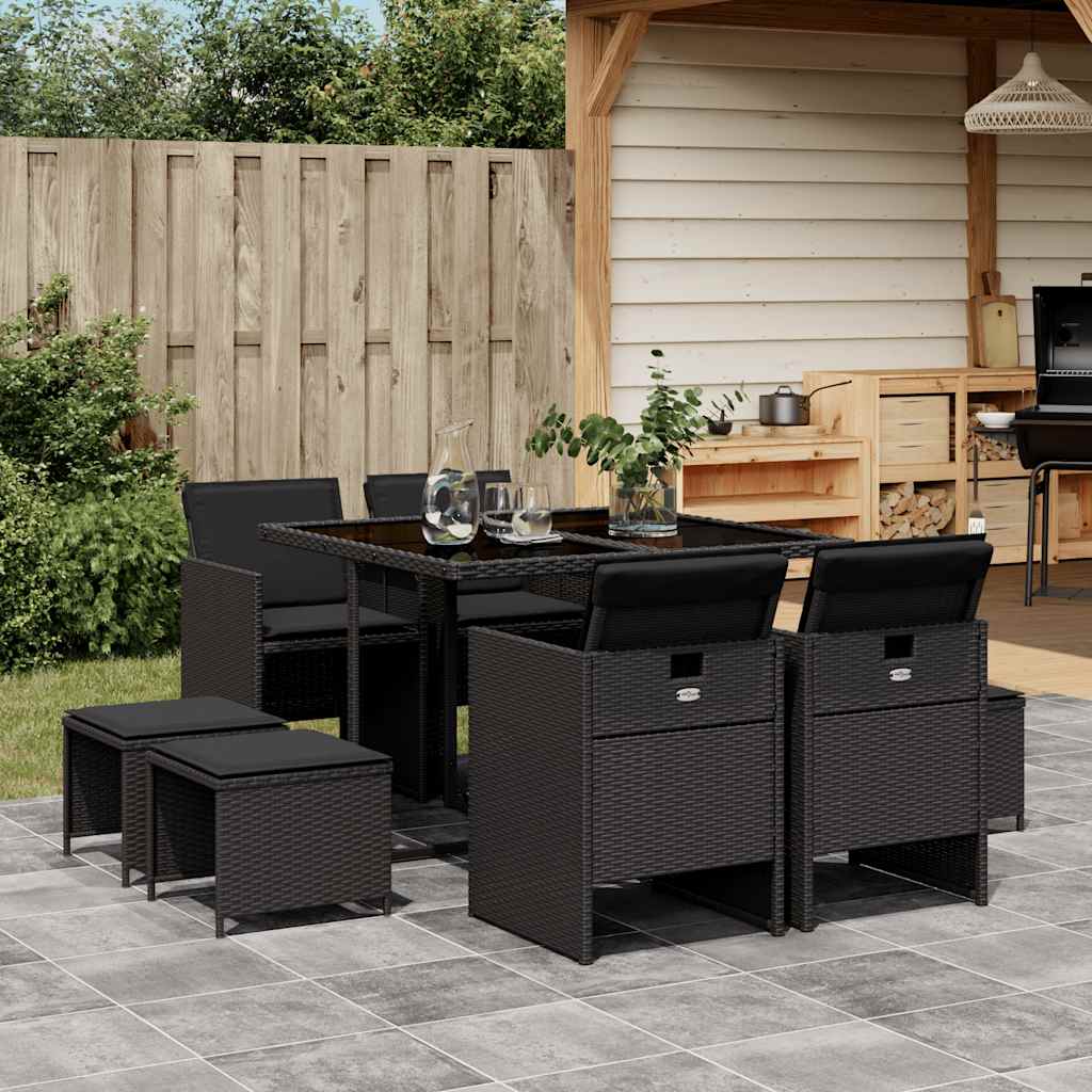 9 Pcs conjunto de jantar p/ jardim c/ almofadões vime PE preto