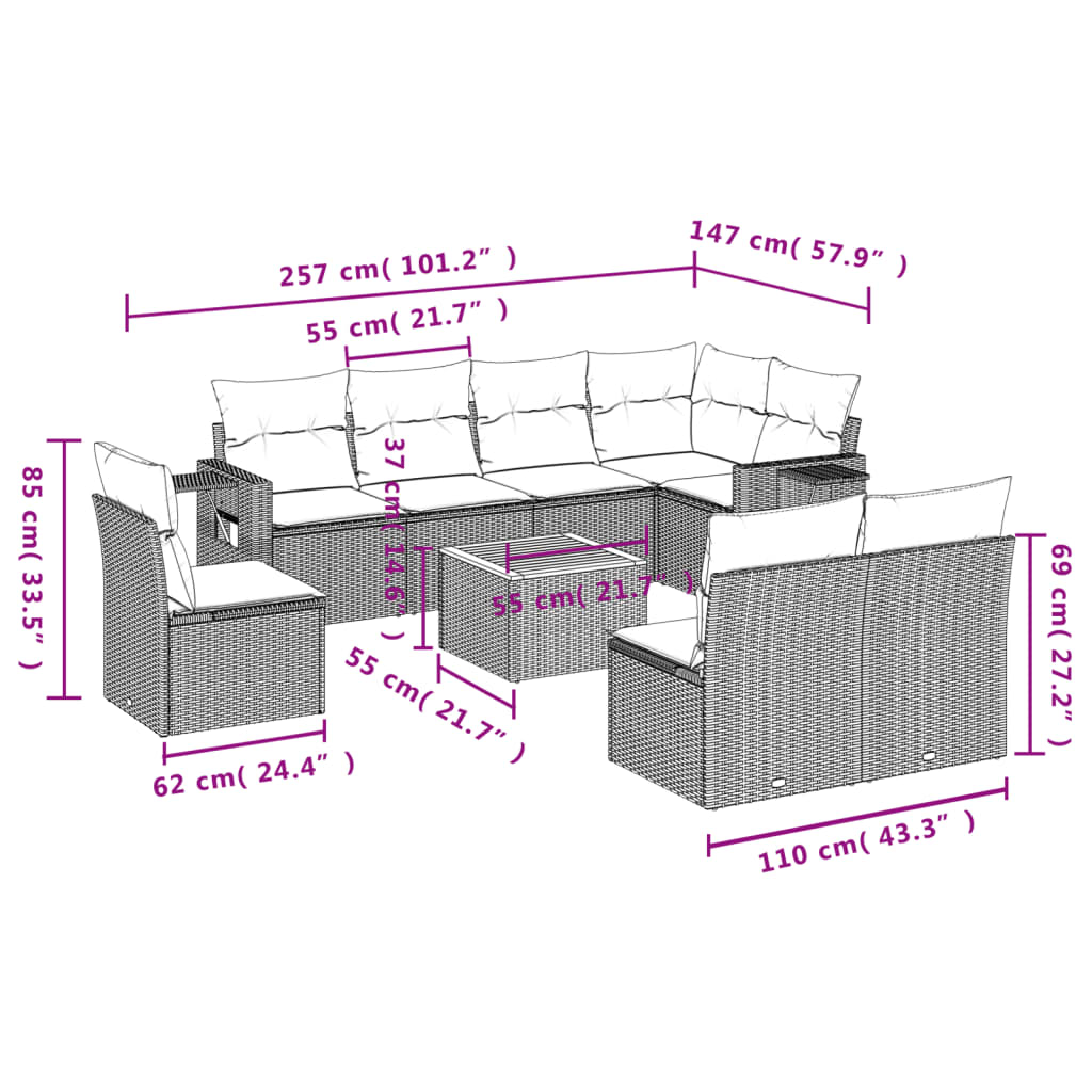 9 Pcs conjunto sofás p/ jardim com almofadões vime PE cinzento