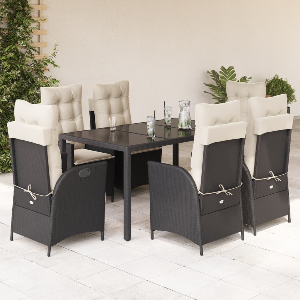 7 Pcs conjunto de jantar p/ jardim c/ almofadões vime PE preto
