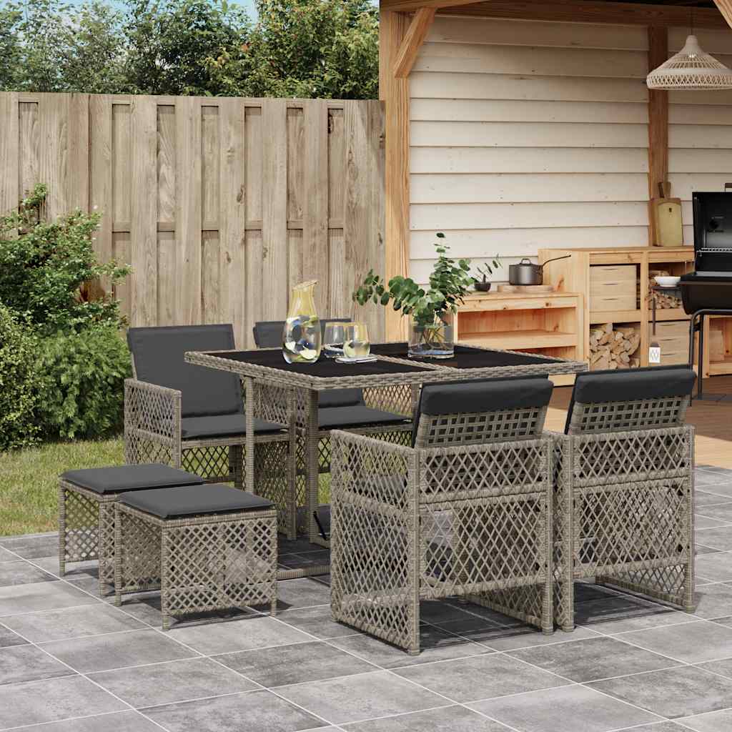 9 Pcs conjunto de jantar p/ jardim c/ almofadões vime PE cinza