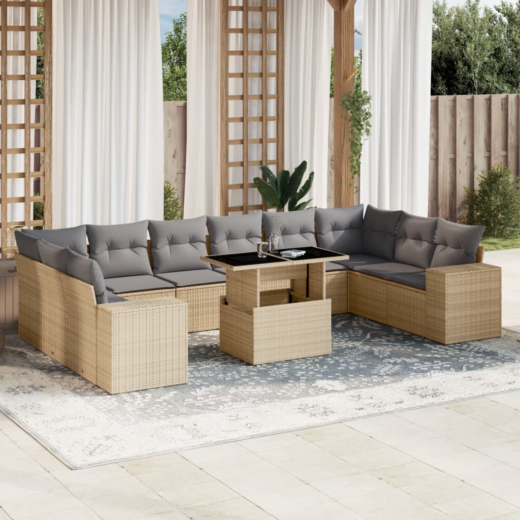 11 Pcs conjunto sofás de jardim c/ almofadões vime PE bege
