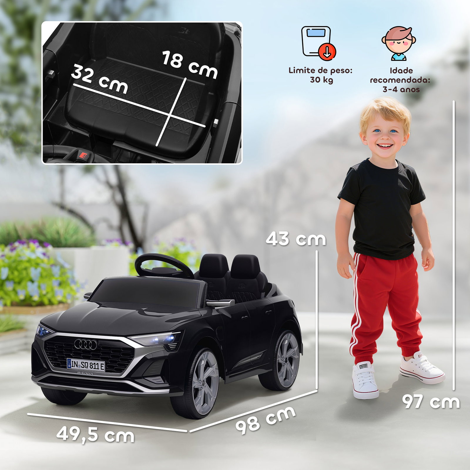 Carro elétrico para crianças carro audi q8 etron sportback infantil 12v faróis buzina e música 98x49,5x43 cm preto