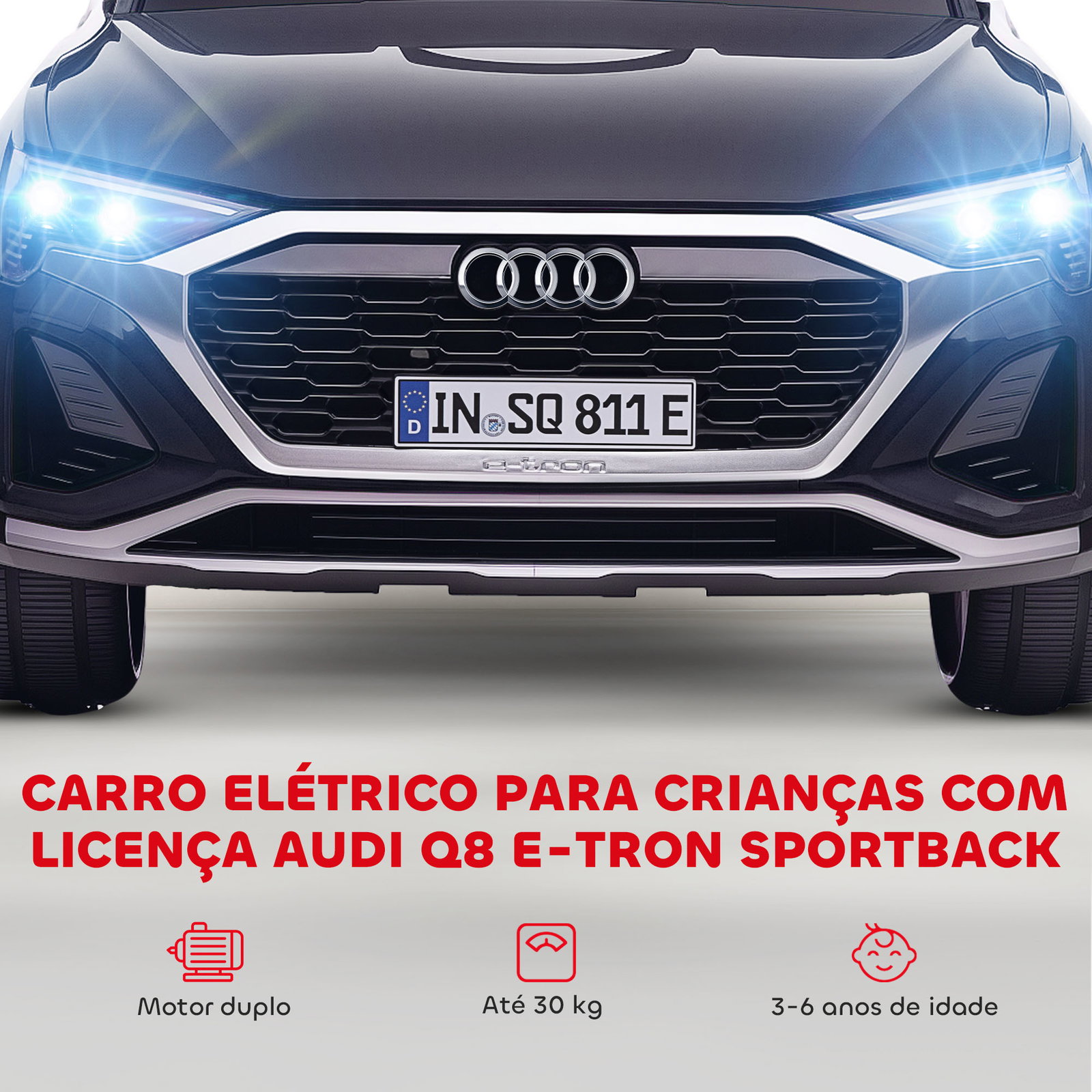 Carro elétrico para crianças carro audi q8 etron sportback infantil 12v faróis buzina e música 98x49,5x43 cm preto