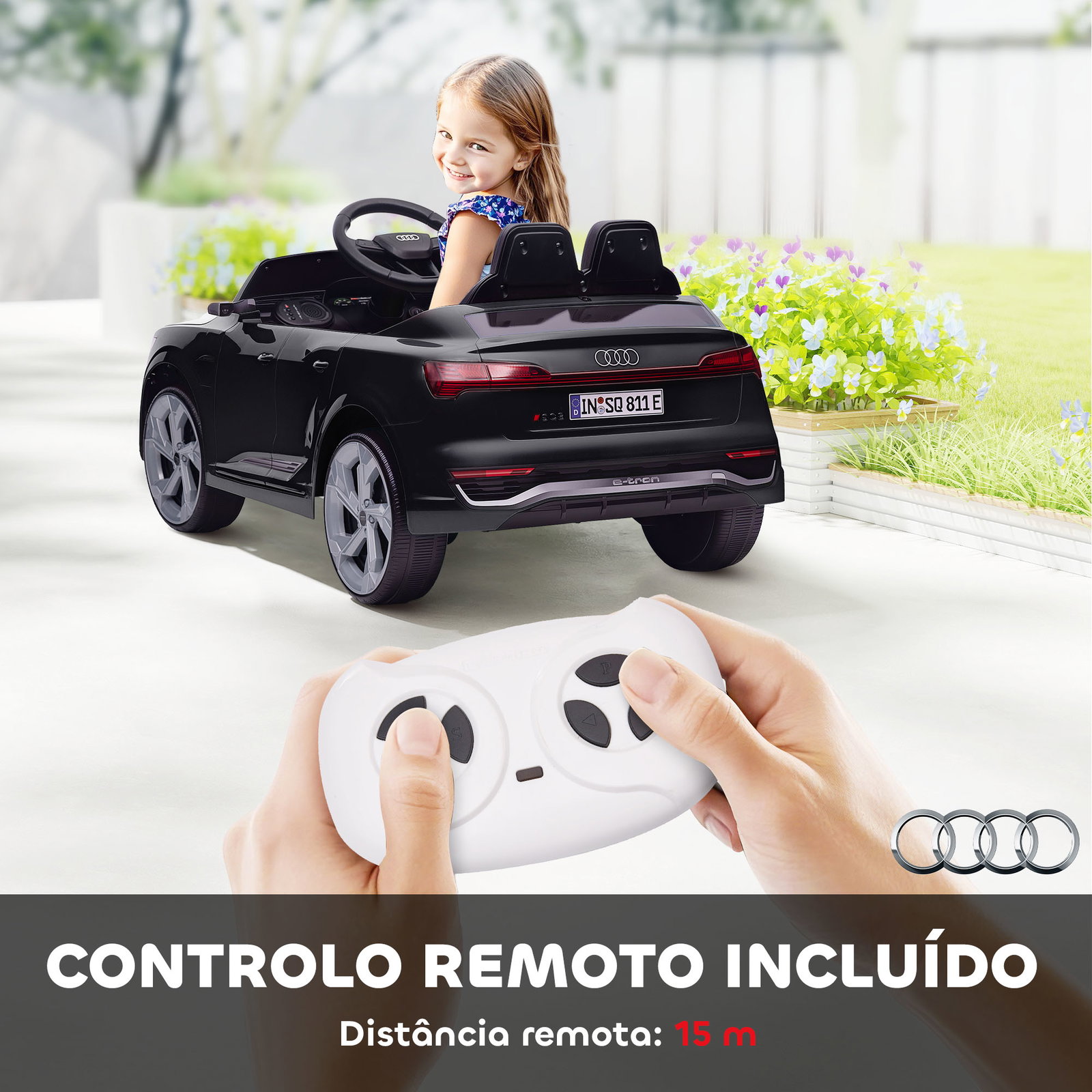 Carro elétrico para crianças carro audi q8 etron sportback infantil 12v faróis buzina e música 98x49,5x43 cm preto