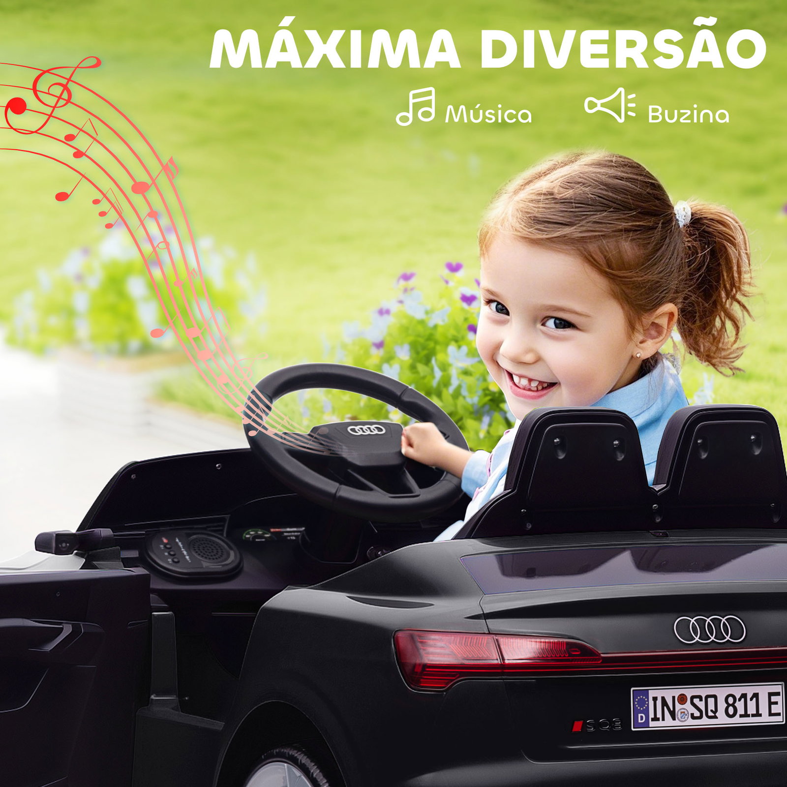 Carro elétrico para crianças carro audi q8 etron sportback infantil 12v faróis buzina e música 98x49,5x43 cm preto