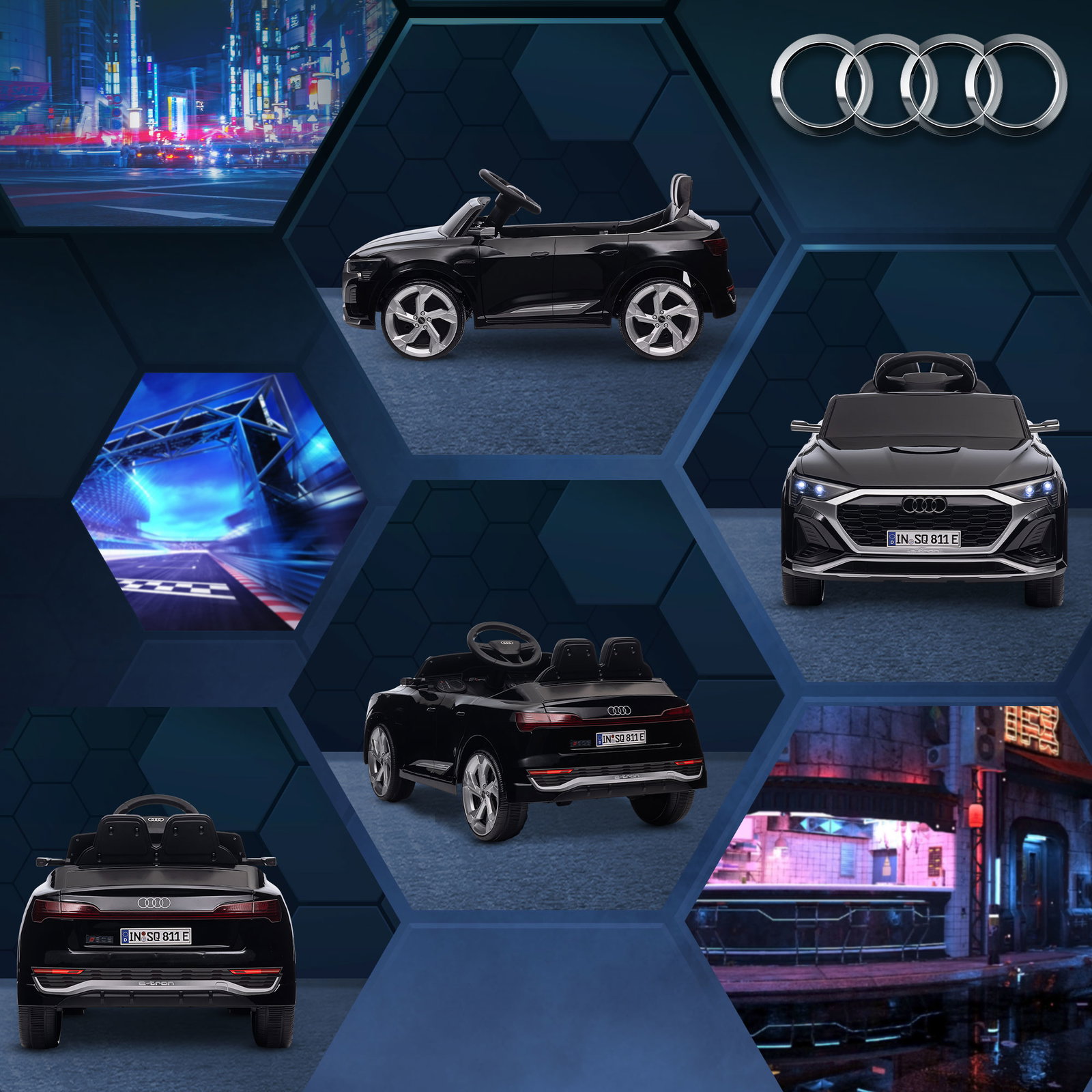 Carro elétrico para crianças carro audi q8 etron sportback infantil 12v faróis buzina e música 98x49,5x43 cm preto