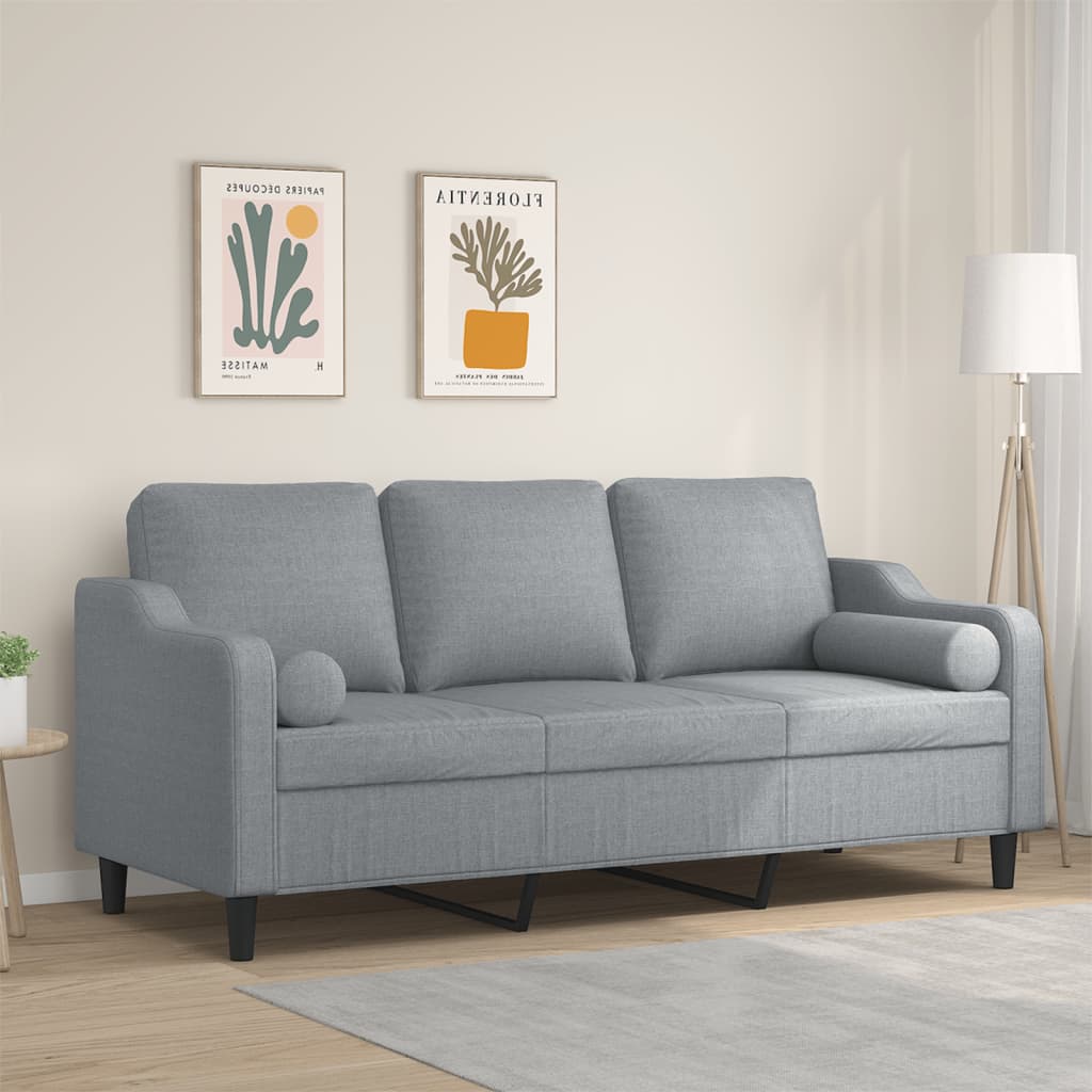 Sofá 3 lugares + almofadas decorativas 180cm tecido cinza-claro