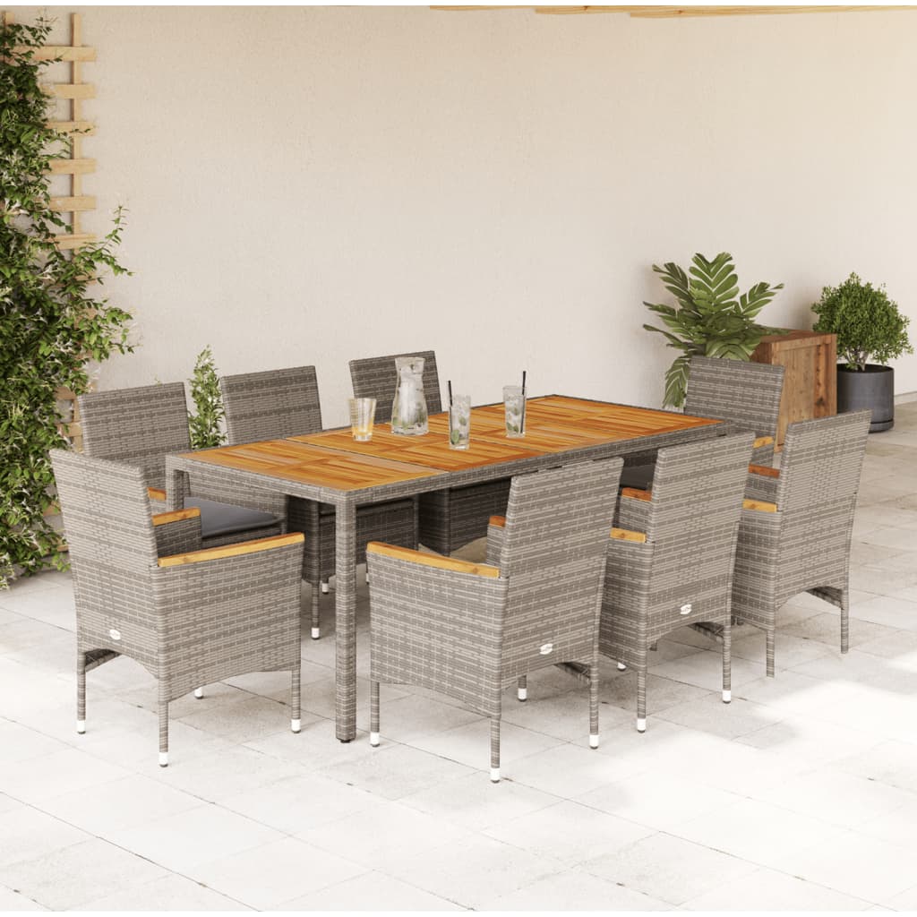 9 Pcs conjunto jantar jardim c/ almofadões vime PE/acácia cinza