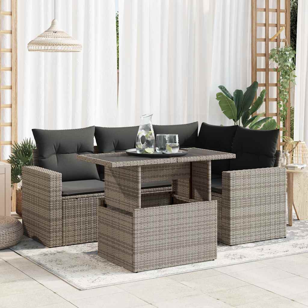 5 Pcs conjunto sofás de jardim c/ almofadões vime PE cinzento