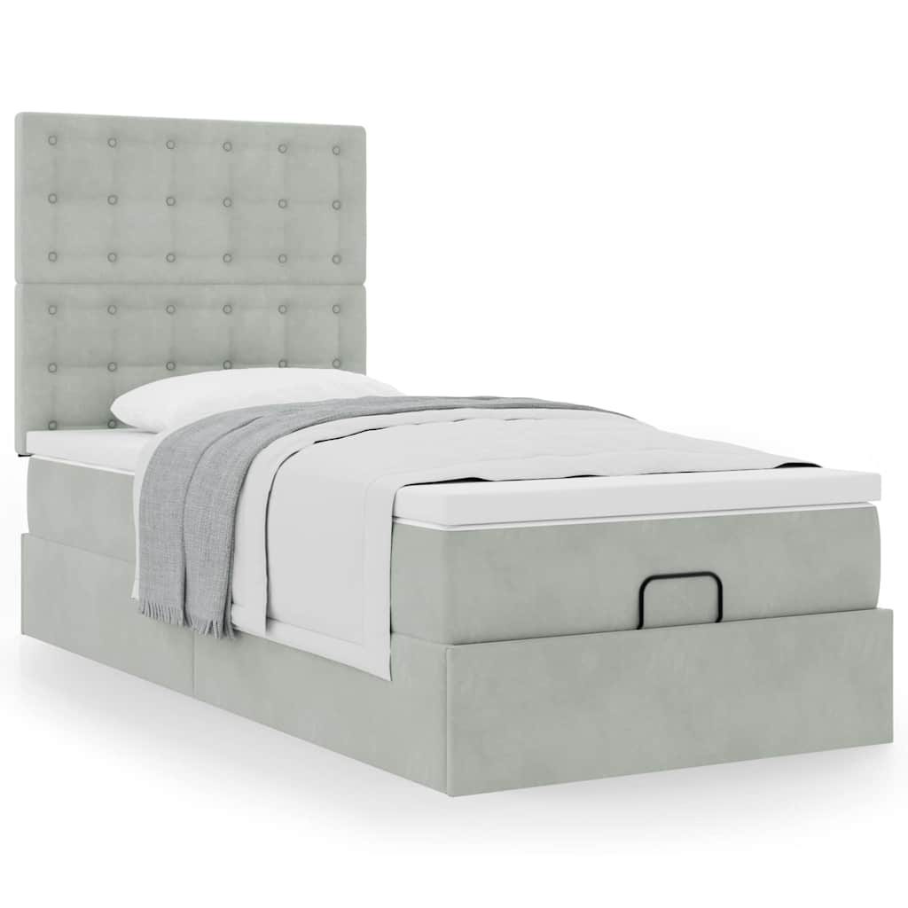 Estrutura de cama otomana com colchões cinza claro veludo
