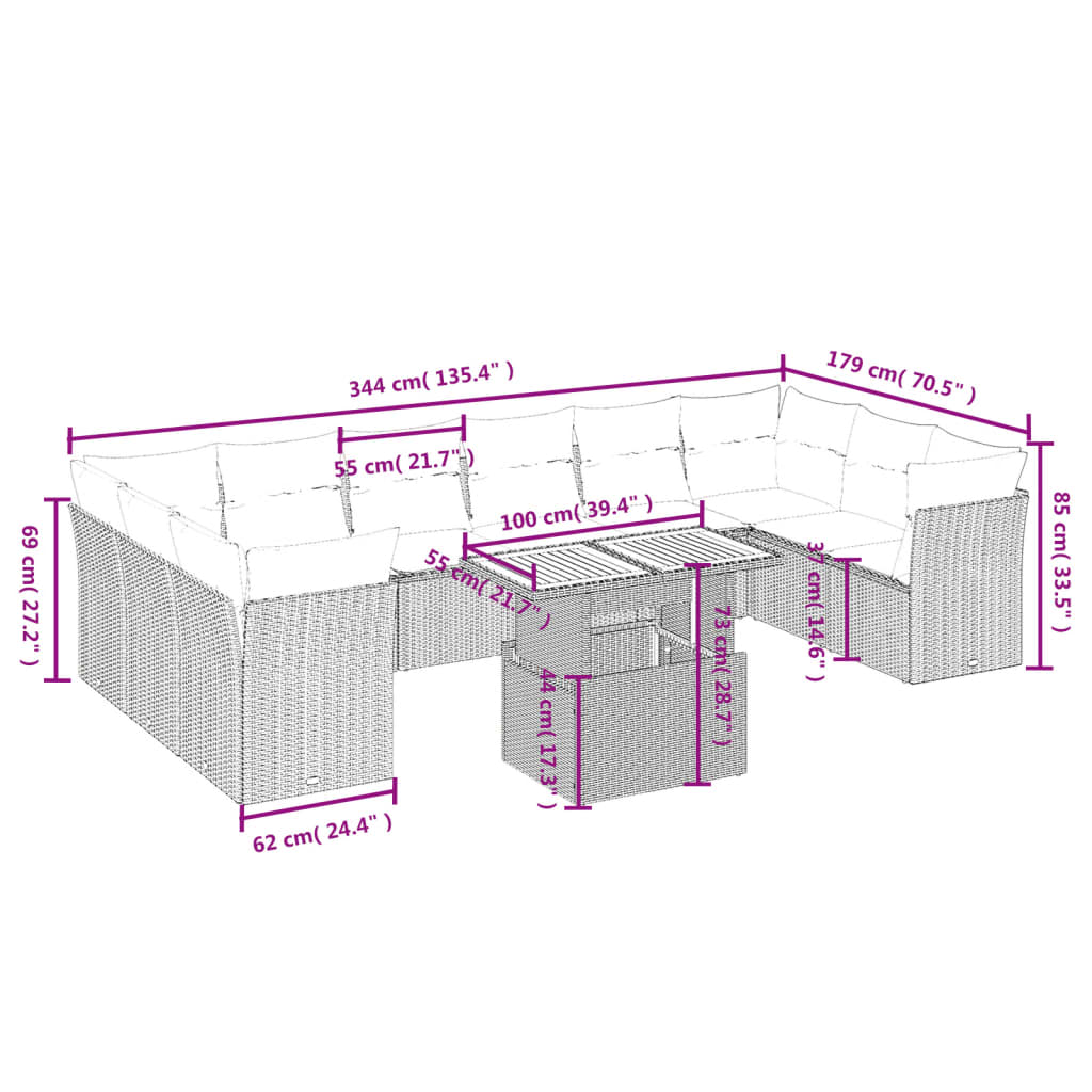 11 Pcs conjunto sofás de jardim c/ almofadões vime PE preto