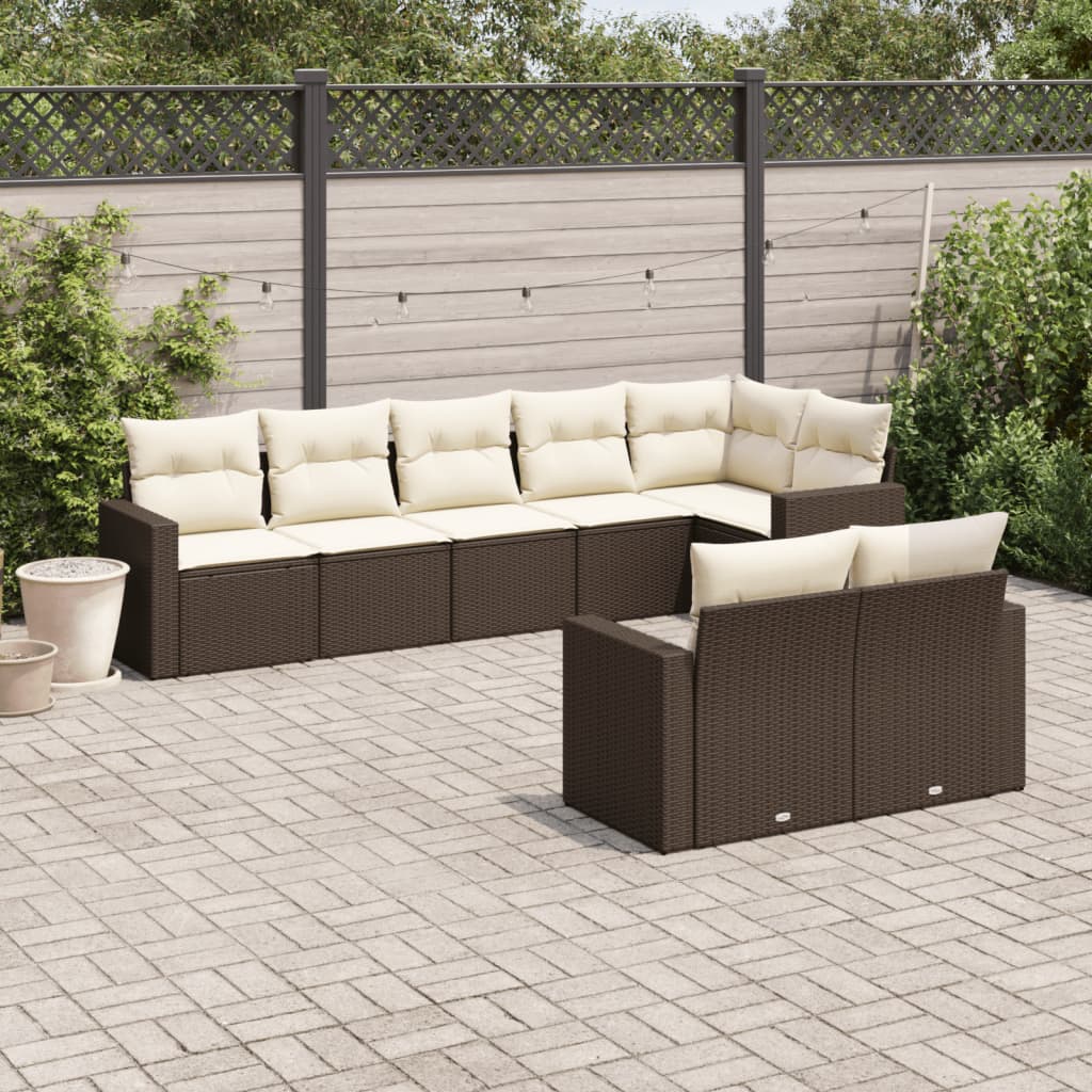 8 Pcs conjunto sofás de jardim c/ almofadões vime PE castanho