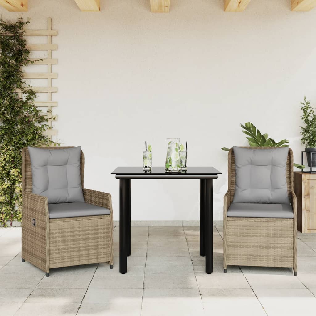 3 Pcs conjunto de jantar p/ jardim com almofadões vime PE bege
