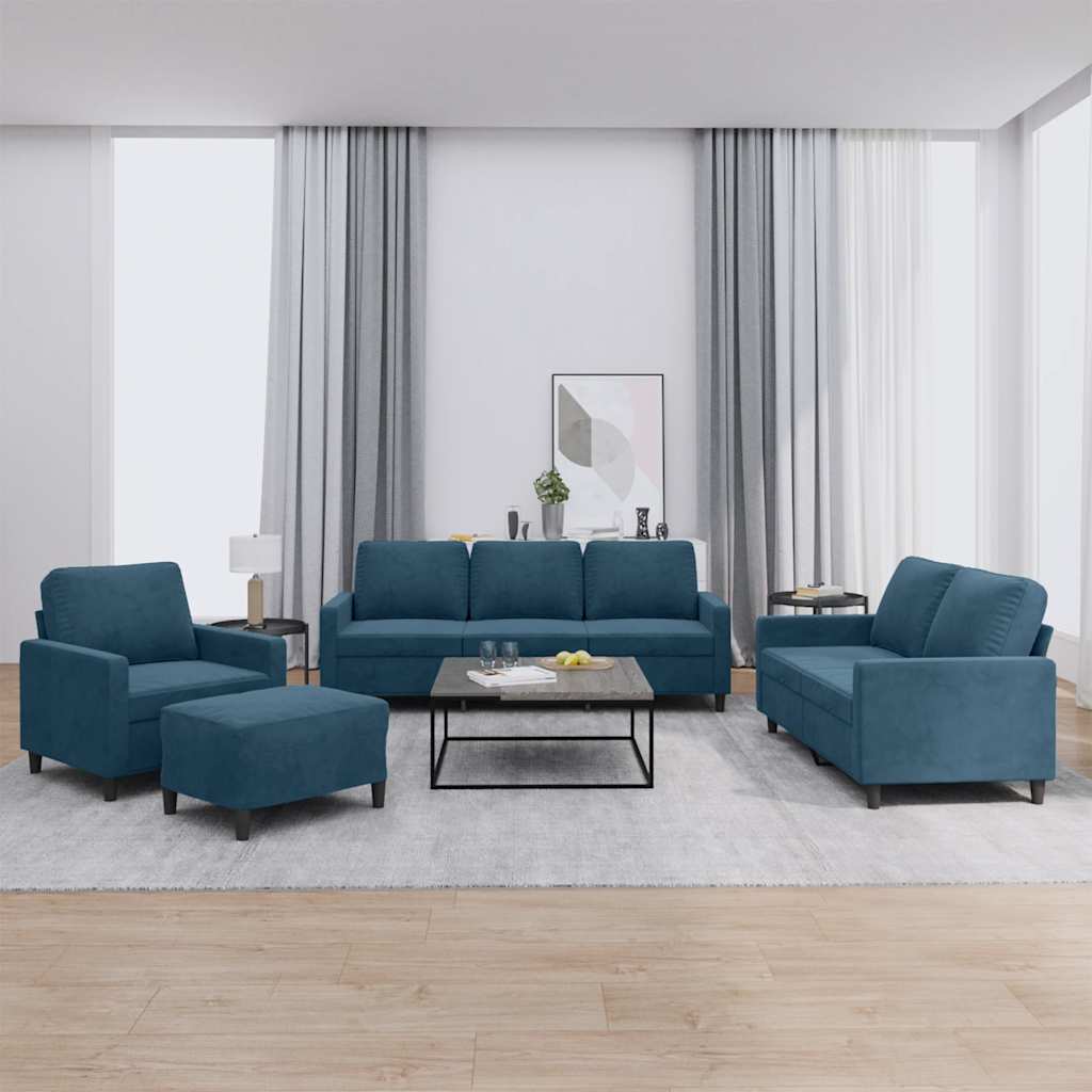 4 Pcs conjunto de sofás com almofadões veludo azul