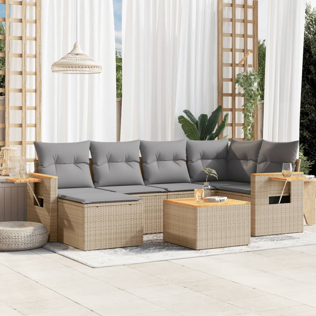 7 Pcs conjunto de sofás p/ jardim com almofadões vime PE bege