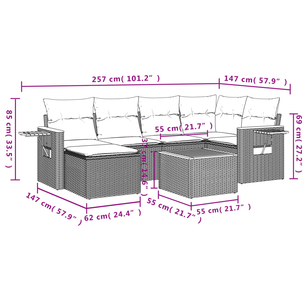 7 Pcs conjunto de sofás p/ jardim com almofadões vime PE bege