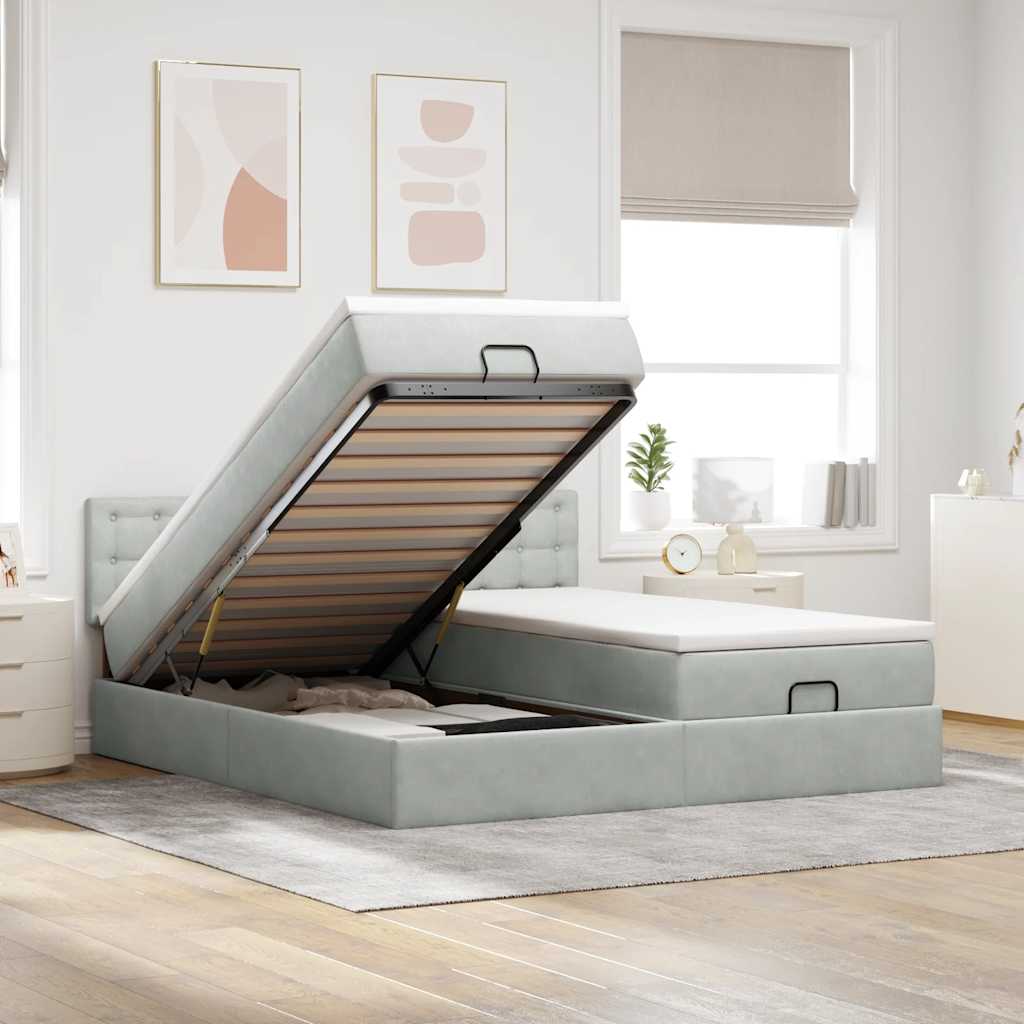 Estrutura cama otomana colchões 180x200cm veludo cinzento claro