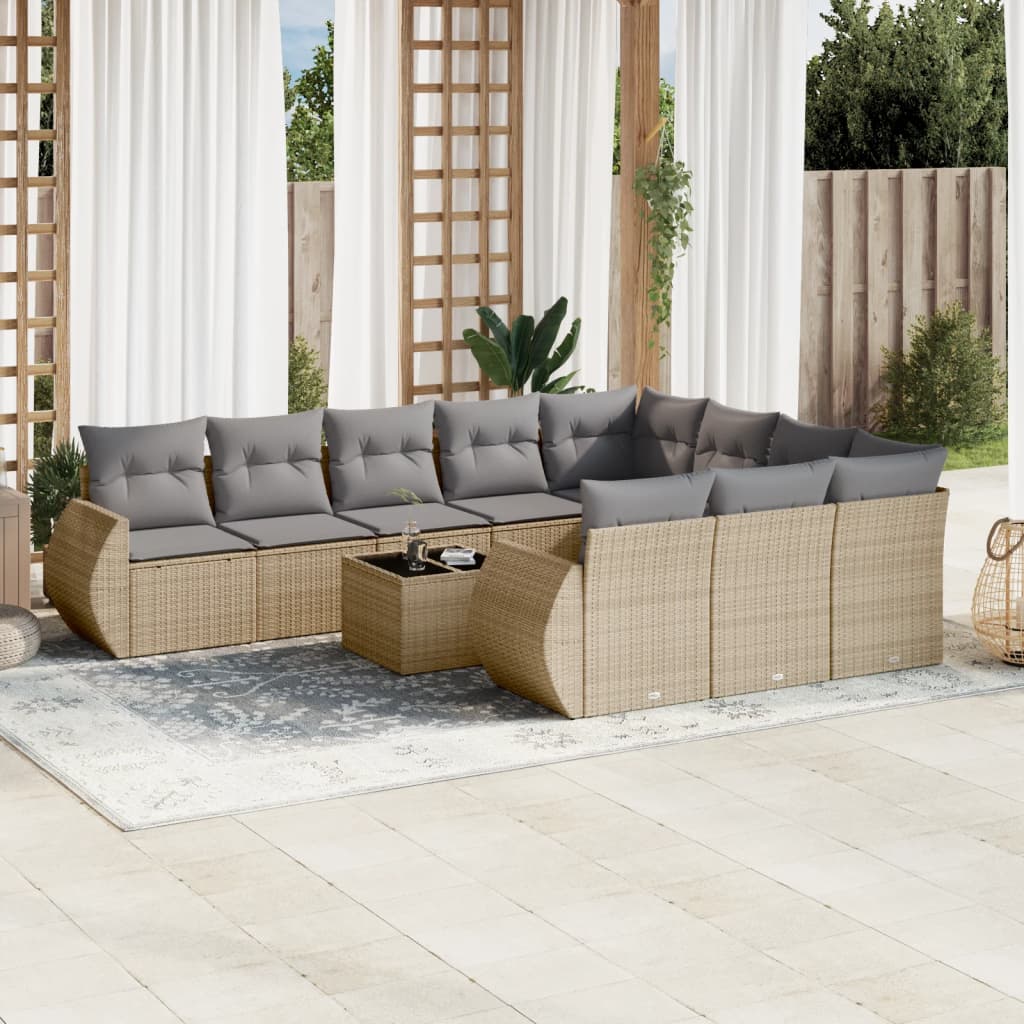 11 Pcs conjunto sofás de jardim c/ almofadões vime PE bege