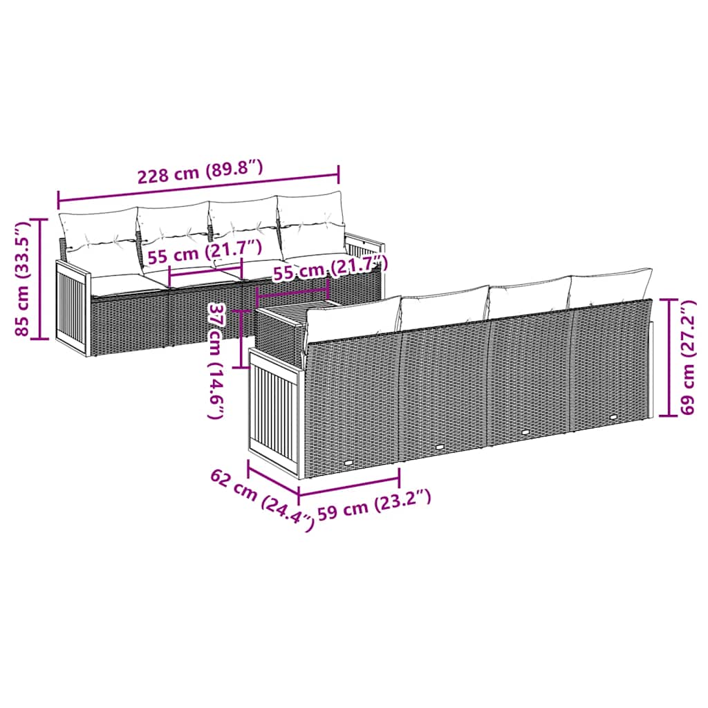 9 Pcs conjunto de sofás p/ jardim c/ almofadões vime PE preto