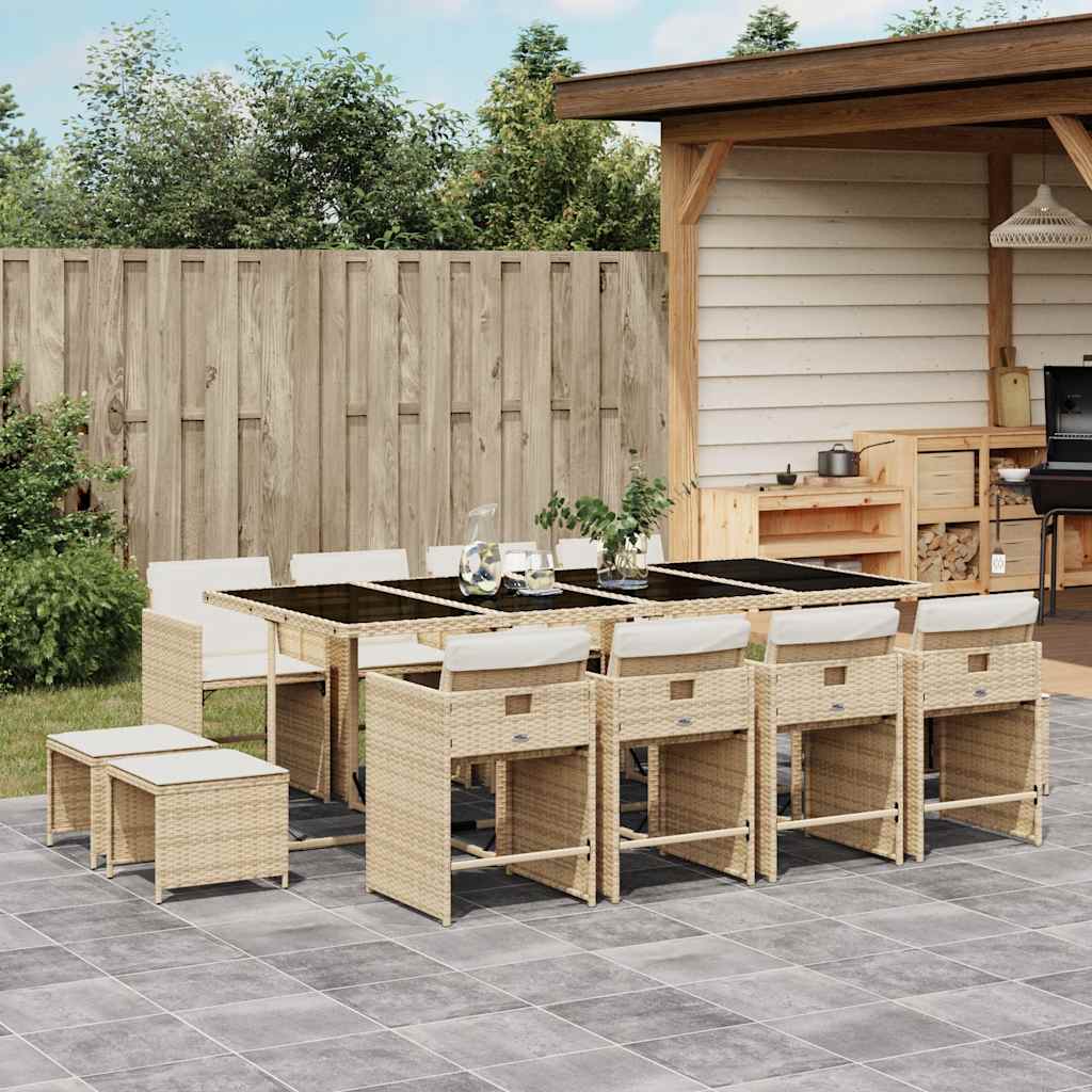 13 Pcs conjunto de jantar p/ jardim com almofadões vime PE bege