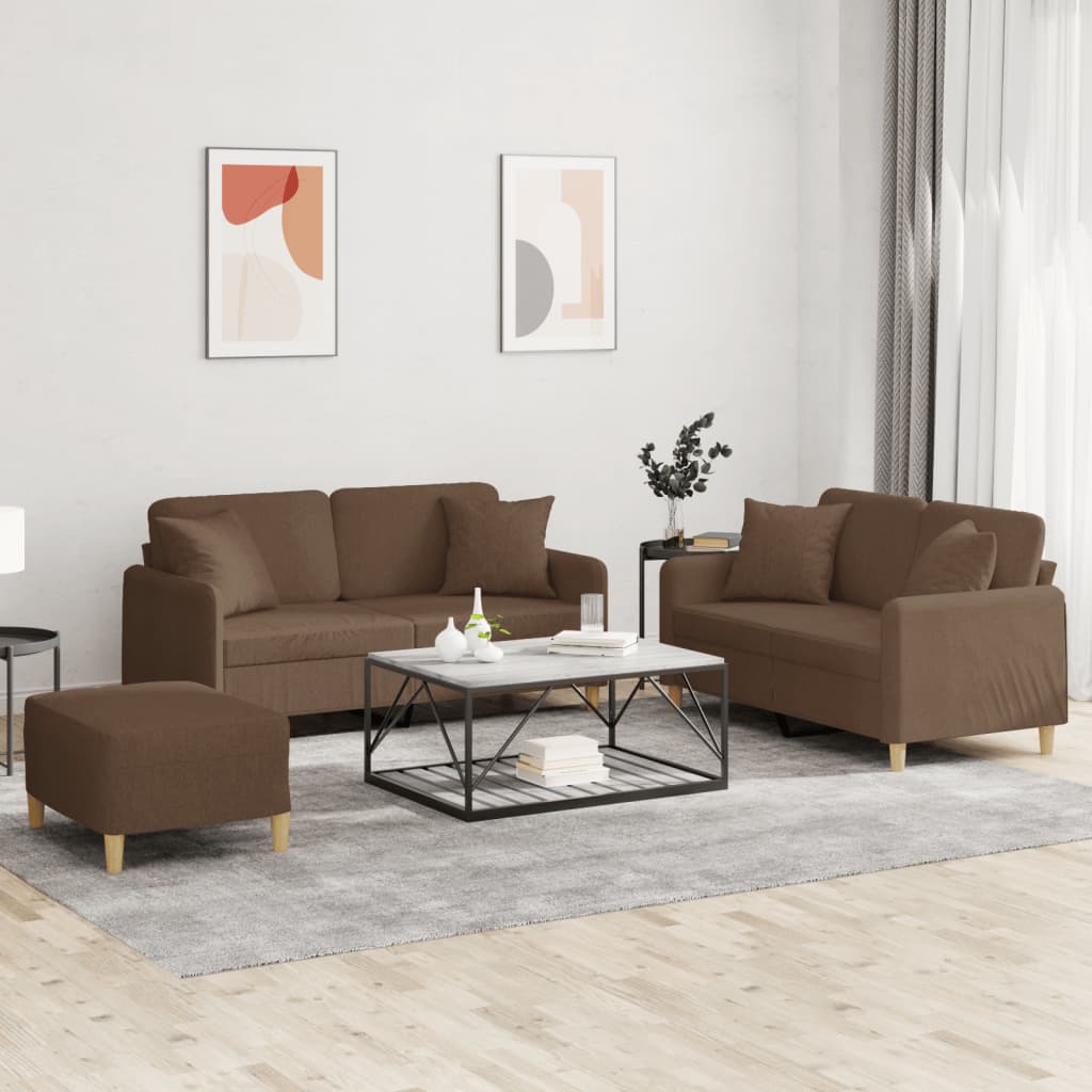 3 Pcs conjunto de sofás com almofadas tecido castanho