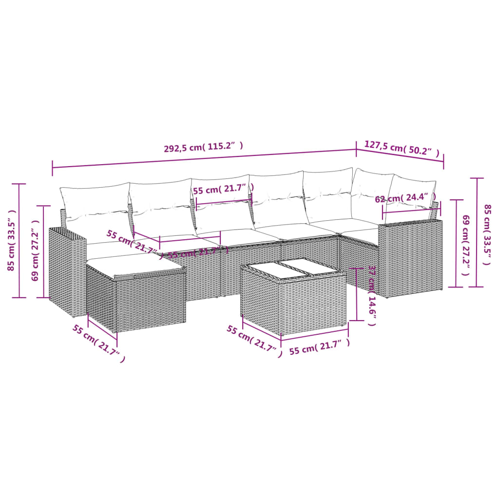 8 Pcs conjunto sofás de jardim com almofadões vime PE preto