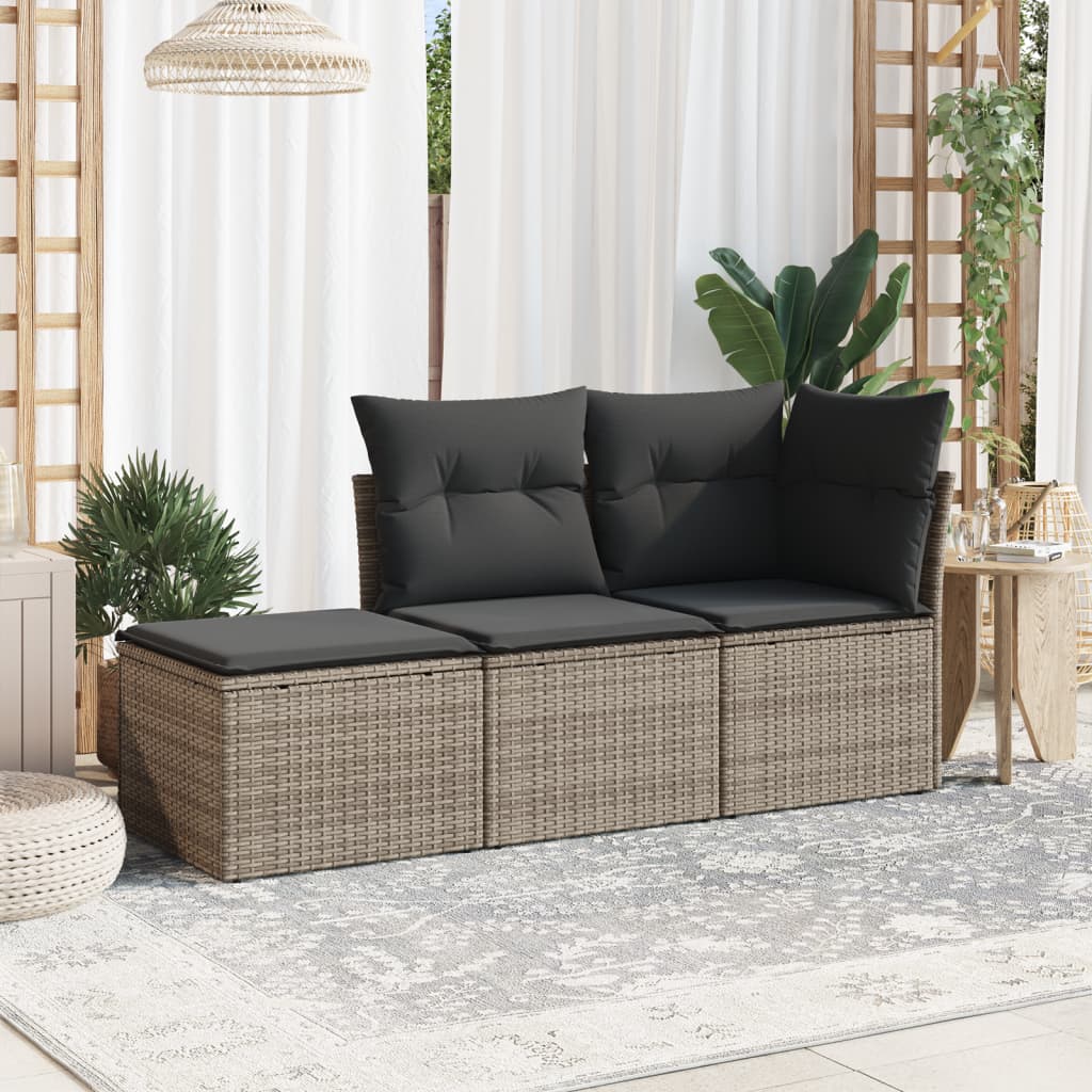 3 Pcs conjunto sofás de jardim c/ almofadões vime PE cinzento
