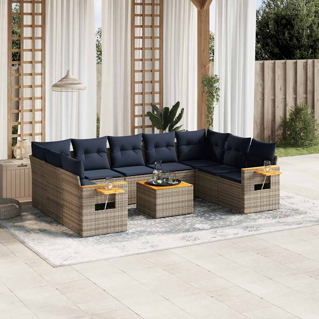 10 Pcs conjunto sofás p/ jardim c/ almofadões vime PE cinzento