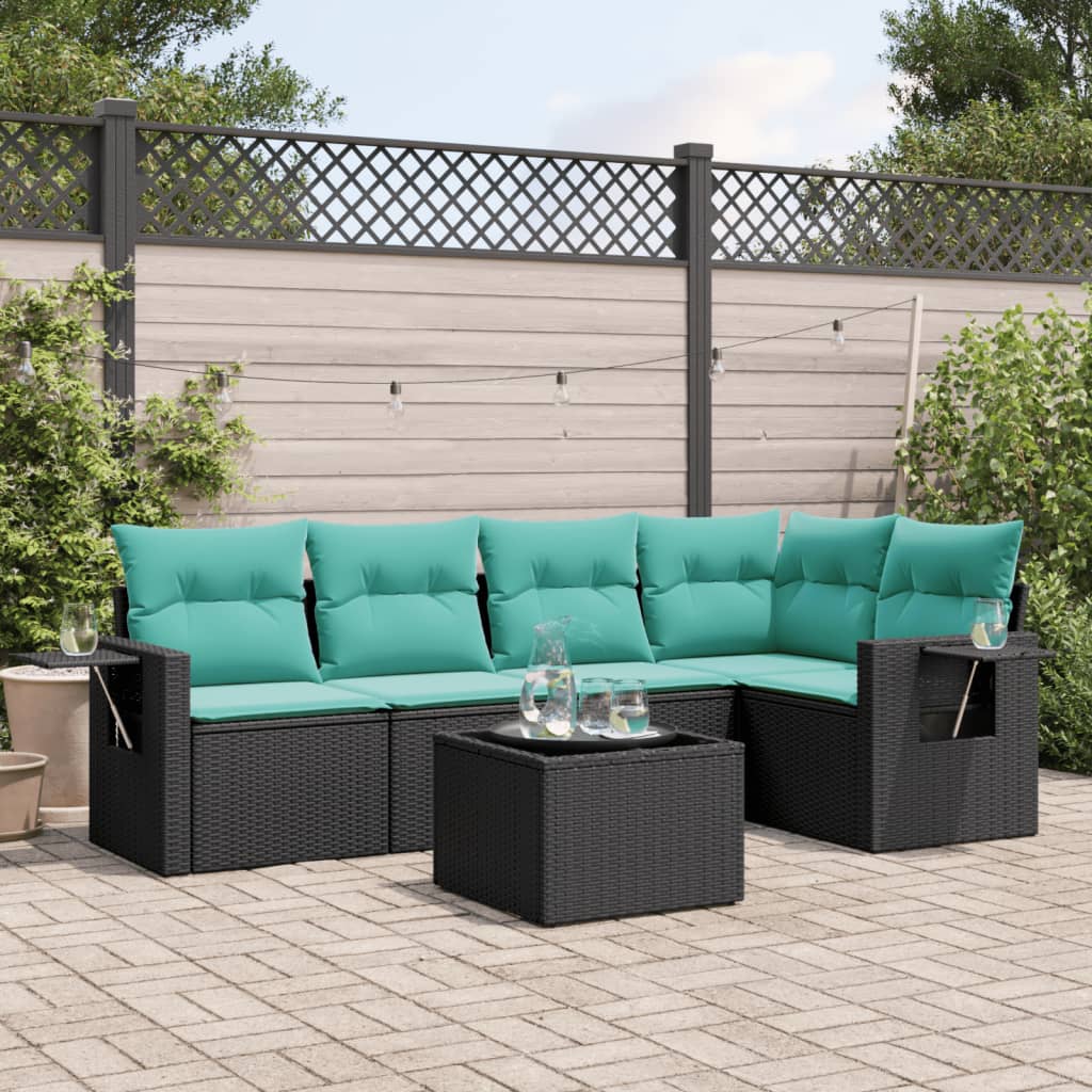Conjunto de sofá de jardim com 6 peças e almofadas em rattan sintético preto