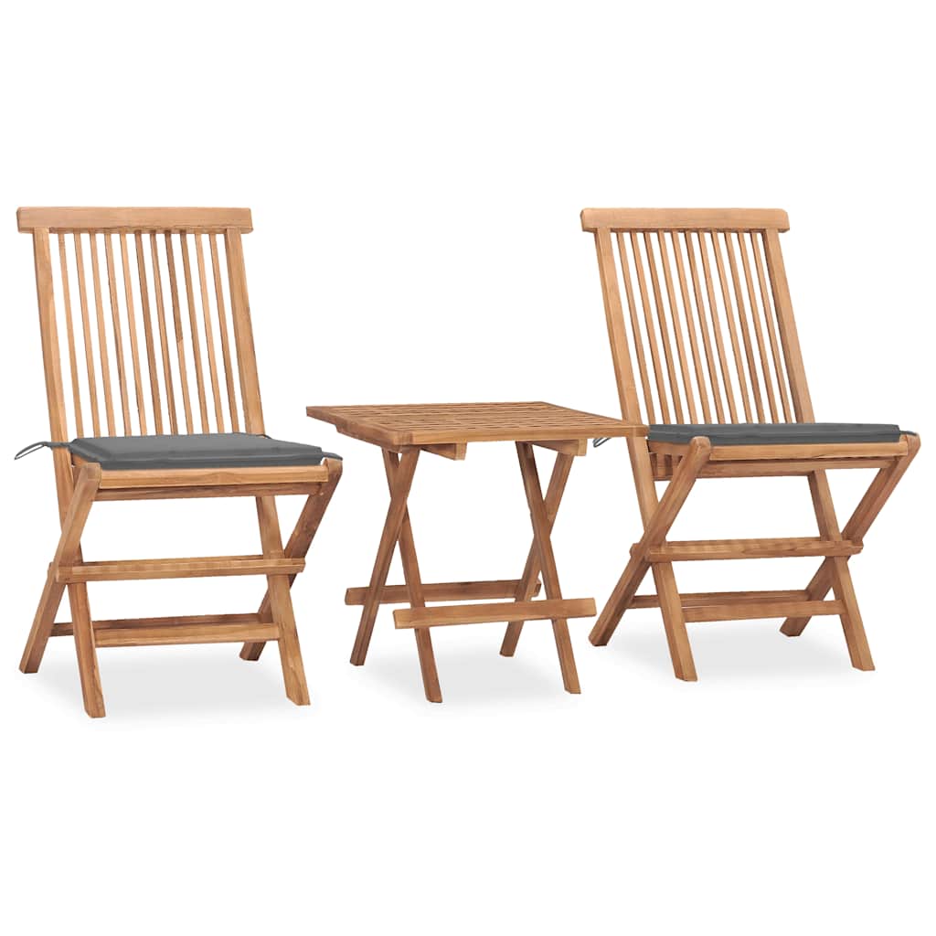 3 Pcs conj. jantar dobrável exterior c/ almofadão teca maciça
