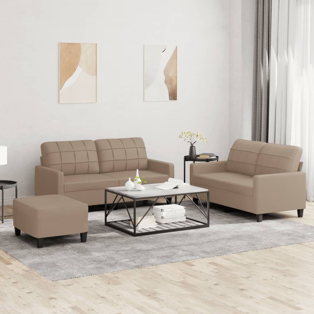 3 Pcs conjunto sofás c/ almofadões couro artificial cappuccino
