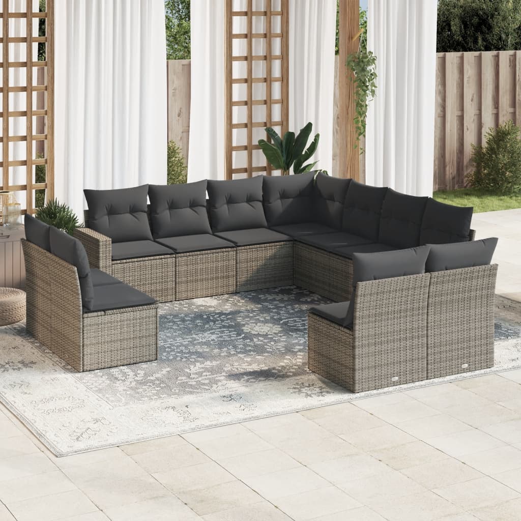11 Pcs conjunto sofás de jardim c/ almofadões vime PE cinzento