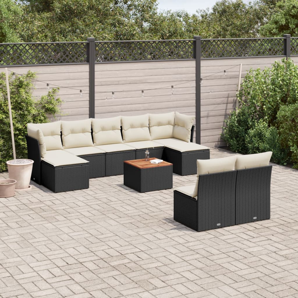 10 Pcs conjunto sofás de jardim c/ almofadões vime PE preto