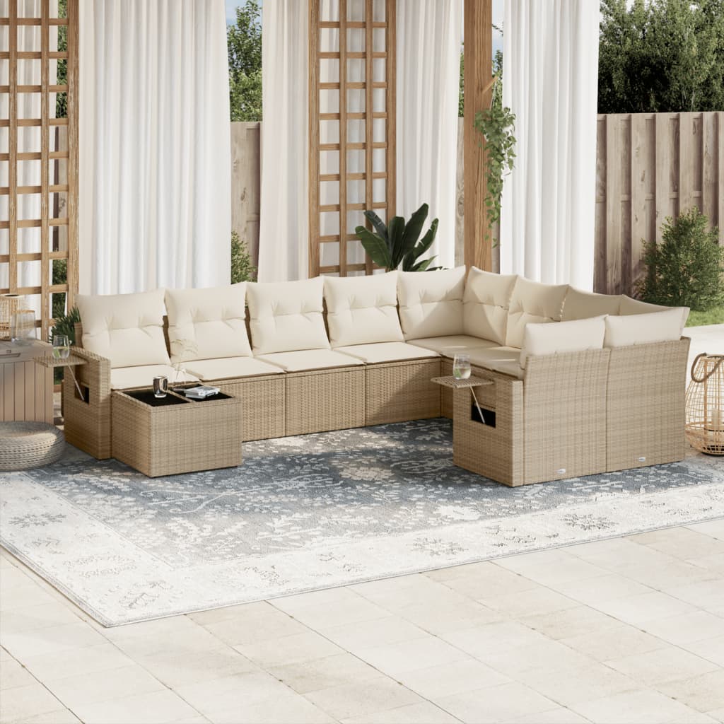 10 Pcs conjunto de sofás p/ jardim com almofadões vime PE bege