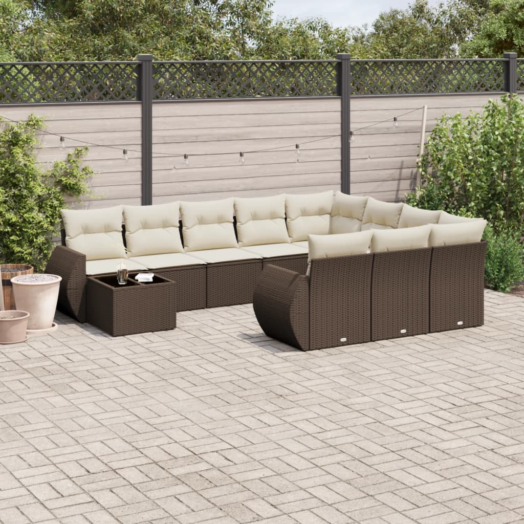 11 Pcs conjunto sofás de jardim c/ almofadões vime PE castanho