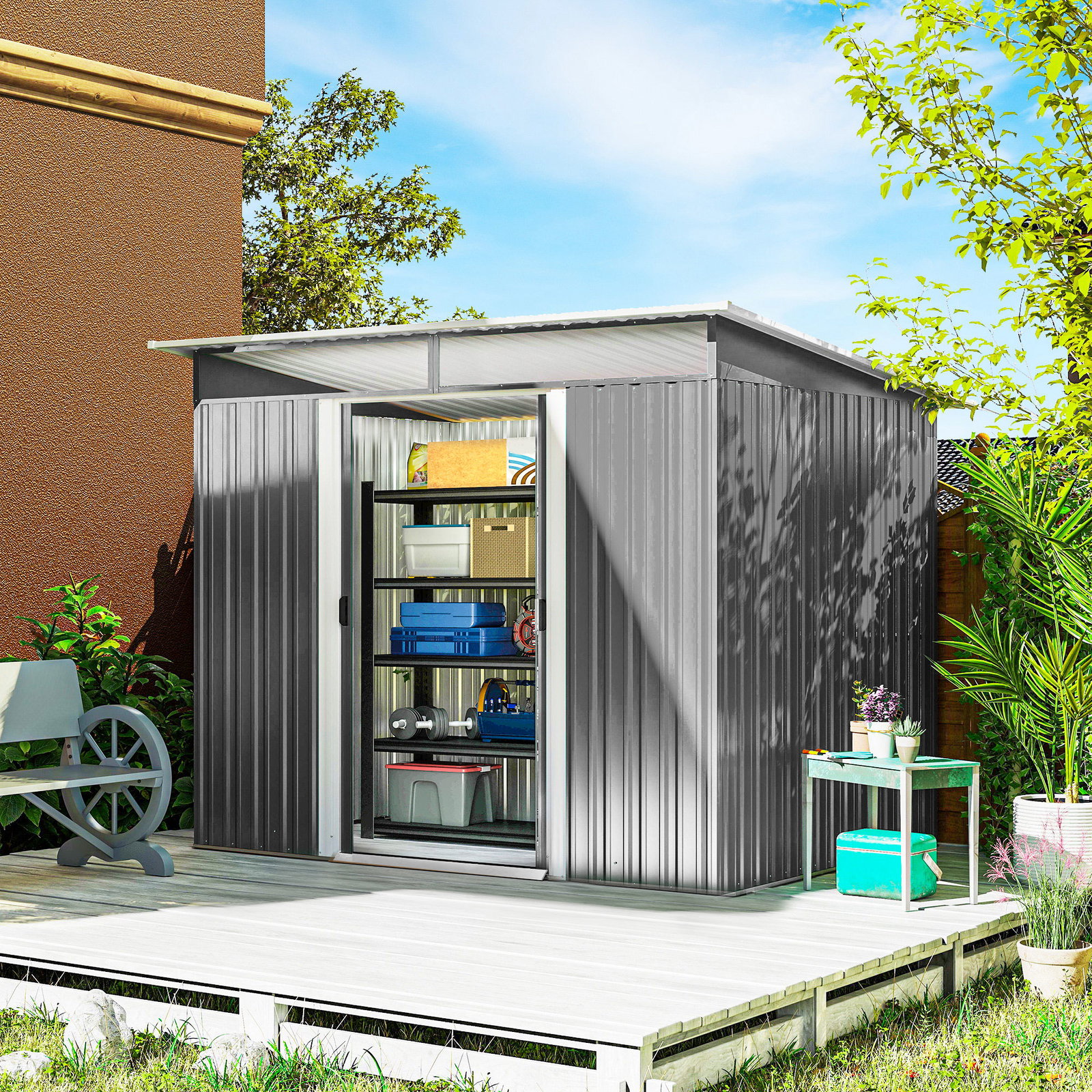 Abrigo de Jardim 4,5 m² 260x194x200 cm Abrigo Exterior Metálico com 2 Portas Deslizantes para Armazenamento de Ferramentas Cinza